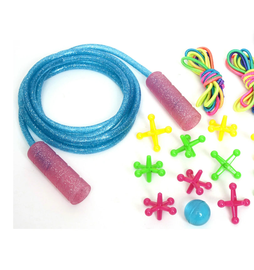 Goofy Foot Designs Jump Rope - Includes 7 Foot Glitter Infused Jump Rope, 10 Jacks & Ball, 2 Chinese Jump Ropes - Provides House of Active Fun for both Indoors & Outdoors!  |  WTWL1026XB