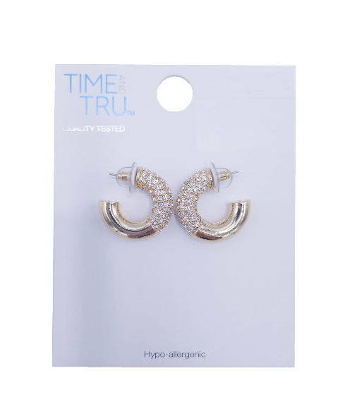 Time & Tru Ladies Rhinestone Hoop Earring, Gold Metal Earring, Hoop Style, Half Earring in Clear Rhinestone Design | WTWL4XA