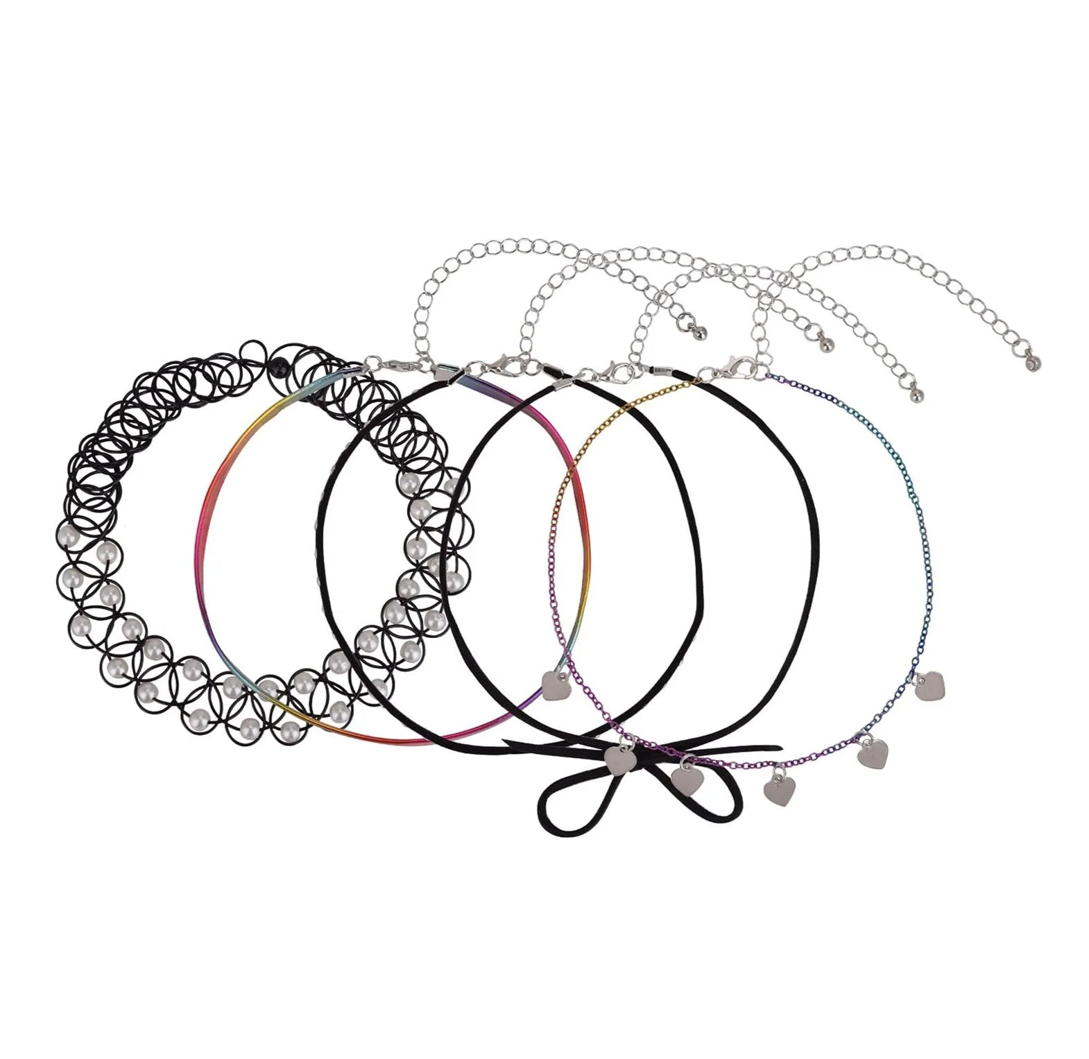 Wonder Nation Female 5pc Silver Tone Rainbow, Heart and Pearl Choker Set  | WTWL617XA