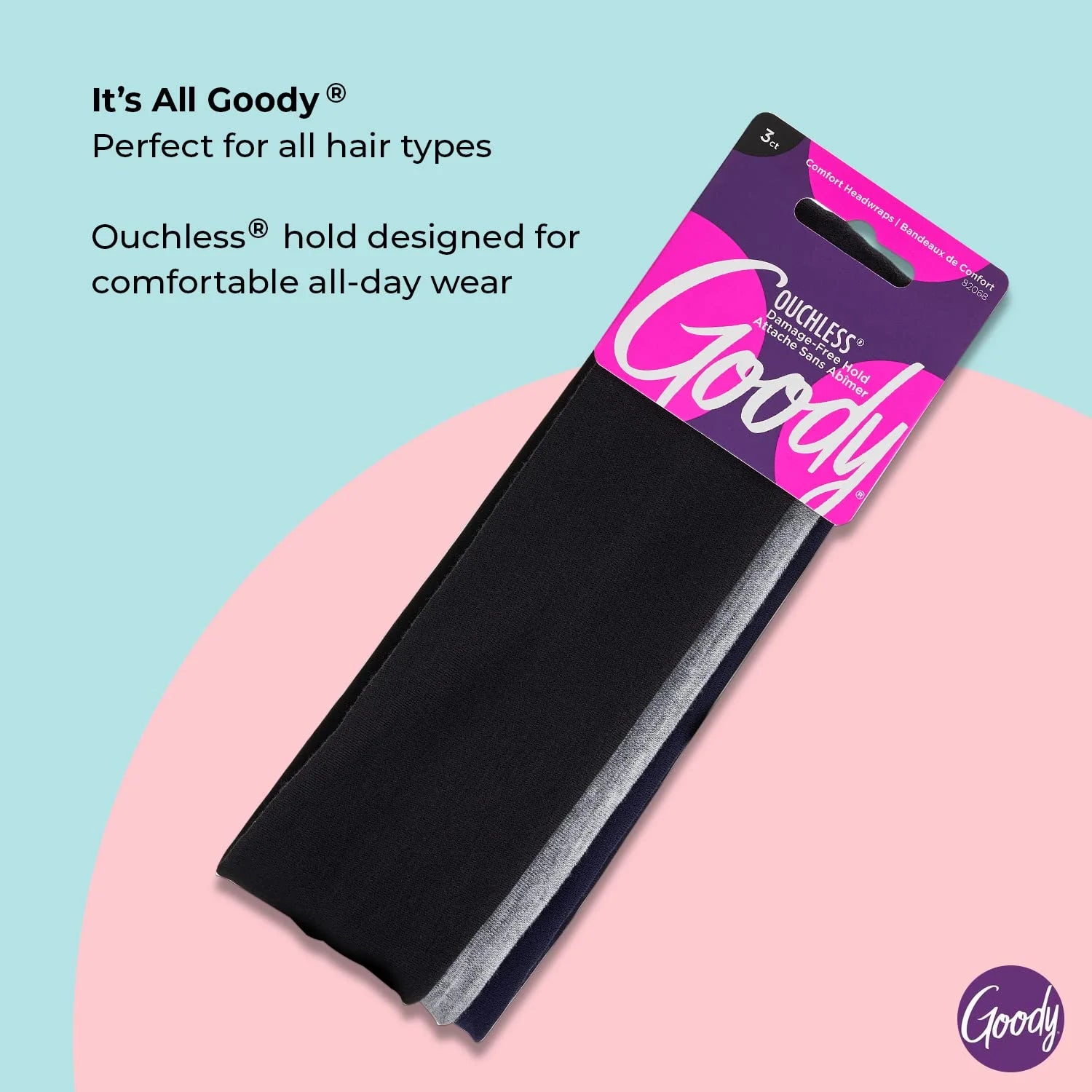 Goody Neutral Fabric Headbands, Soft, All-Day Comfort and Style, Navy, Grey, Black, 3 Ct   |  WTWL1114XA