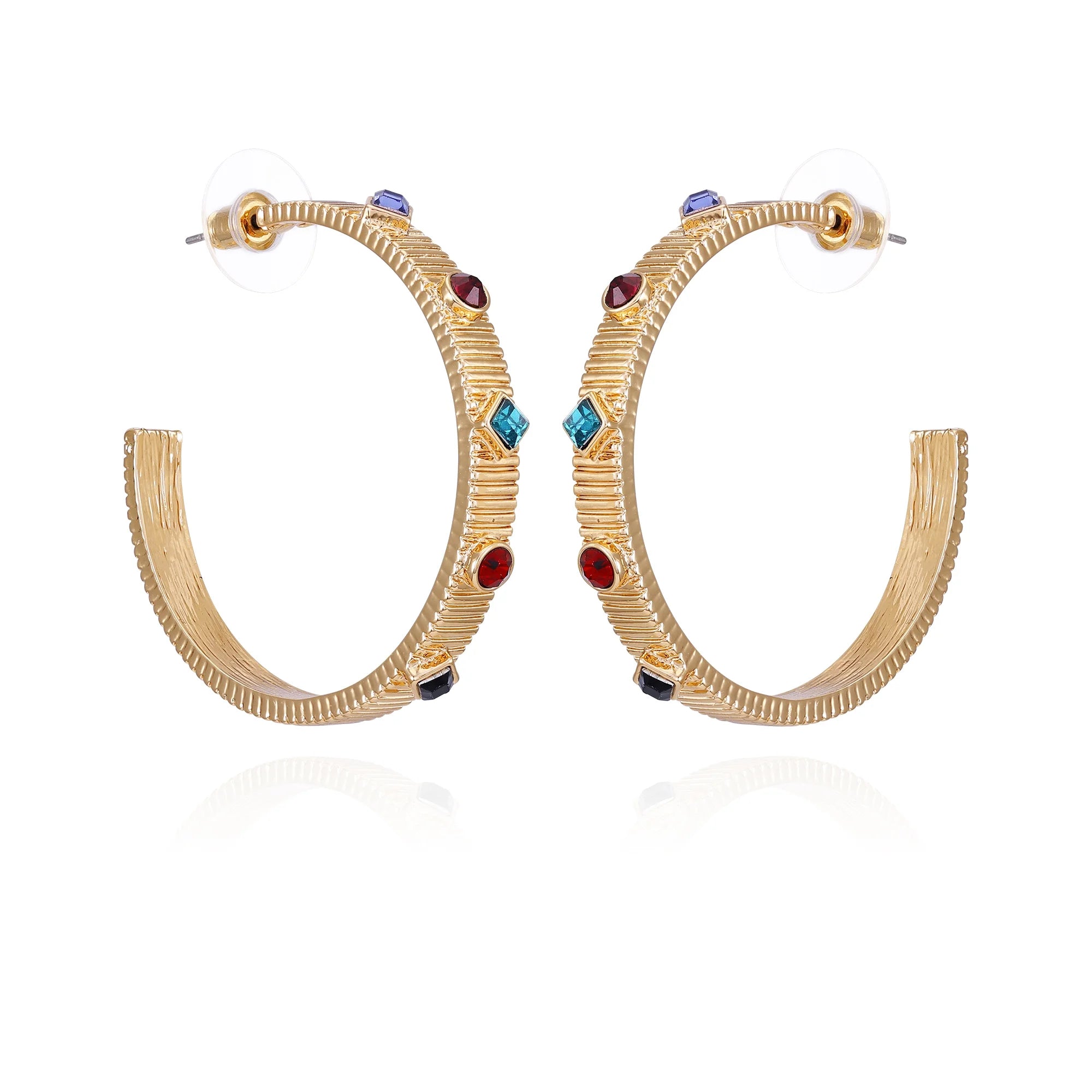 Time and Tru Women's Gold Tone Textured Hoop Earring with Gem Stone Stations |  WTWL272XA