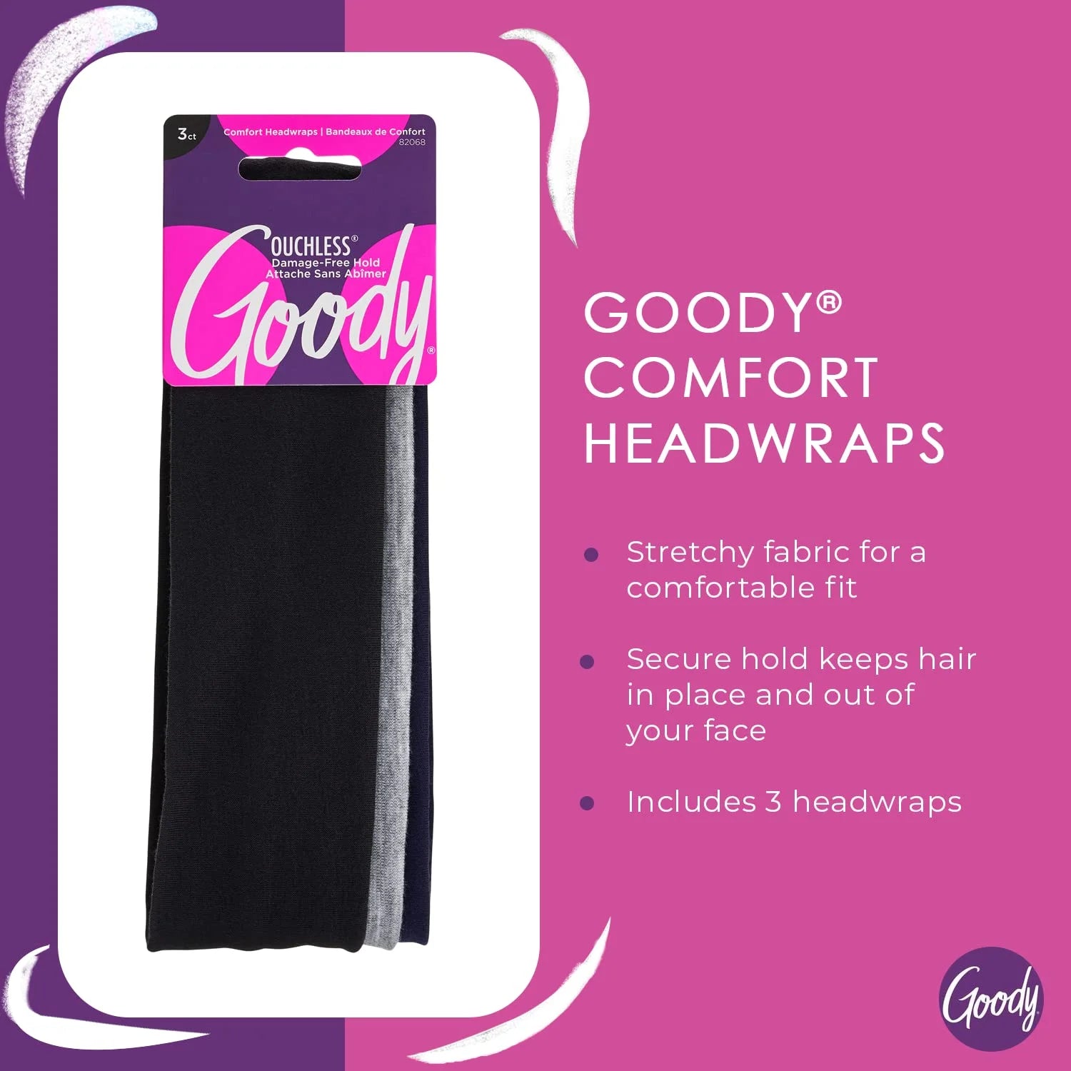 Goody Neutral Fabric Headbands, Soft, All-Day Comfort and Style, Navy, Grey, Black, 3 Ct   |  WTWL1114XA