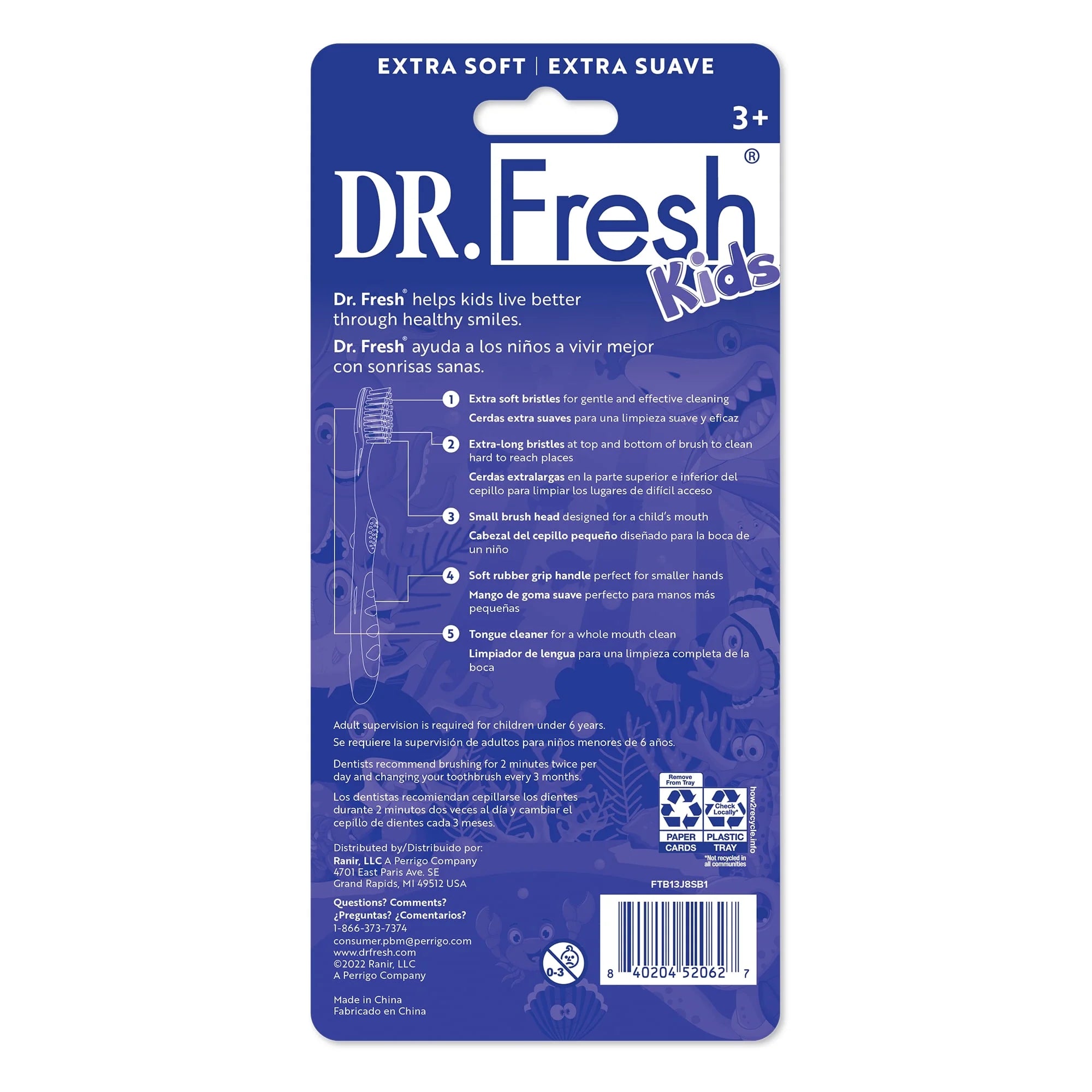 Dr. Fresh Brand Kids Toothbrushes, Ergonomic Non-Slip Handle, Extra Soft Bristles, Tongue Cleaner, 5 Count  | WTWL1117XA