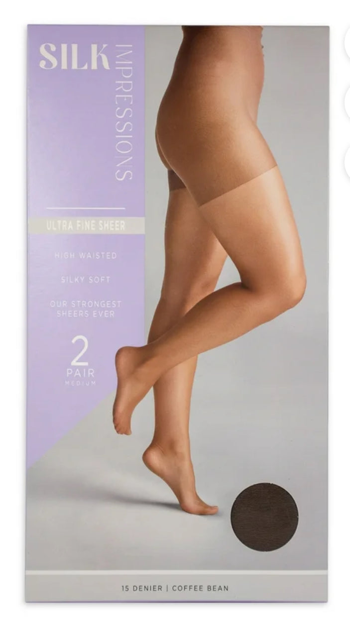 Silk Impressions Fine Sheer Pantyhose, 15 Denier Ultra Fine Sheer, 2-pack,
(Coffee) | WTWL808XI