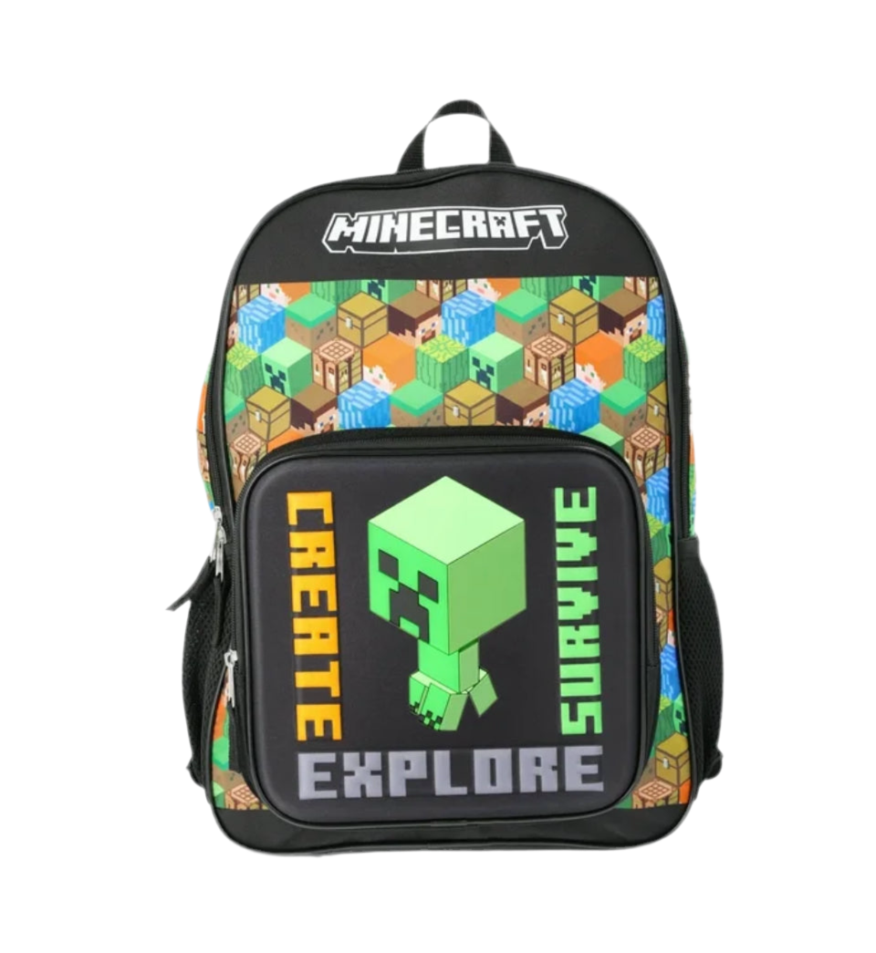 Minecraft Creeper "Create, Survive, Explore" Boys' 17" Light Up Backpack, Black/Green | WTWL567XA