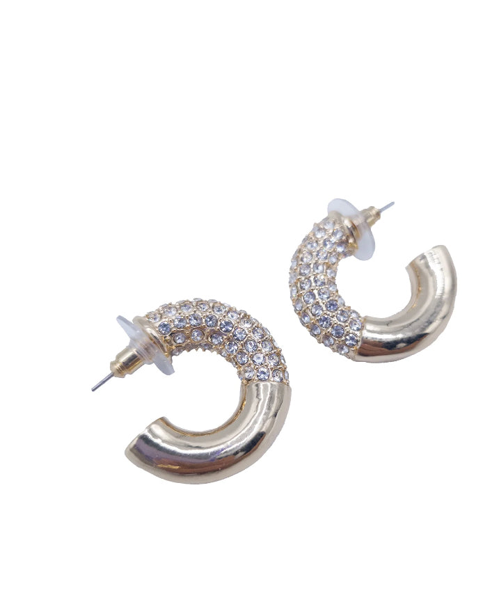 Time & Tru Ladies Rhinestone Hoop Earring, Gold Metal Earring, Hoop Style, Half Earring in Clear Rhinestone Design | WTWL4XA