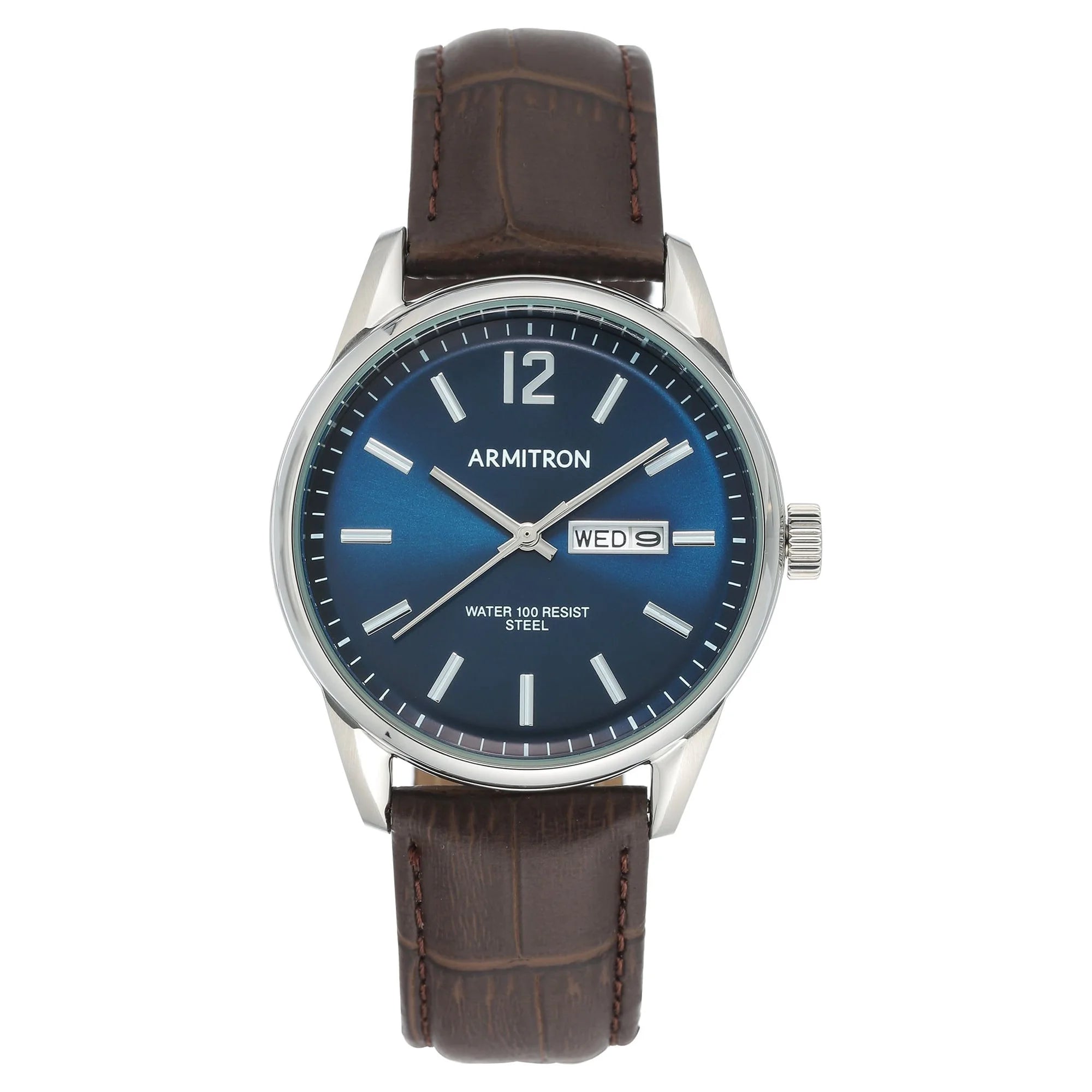 Armitron Men's Day Date Brown/Blue Leather Strap Dress Watch | WTWL796XA