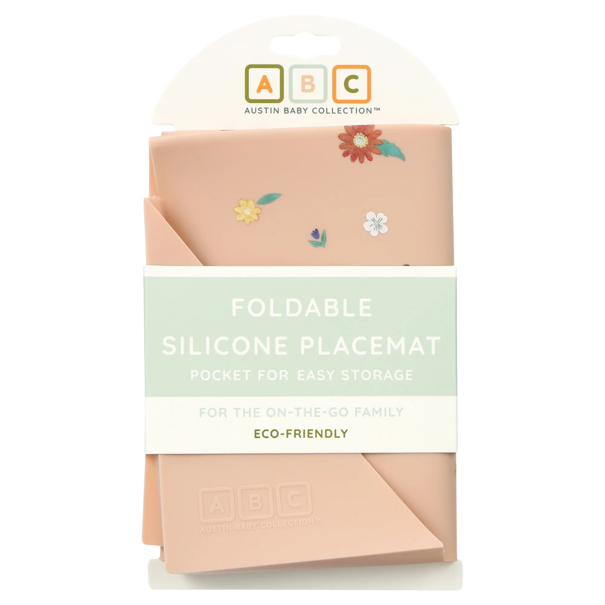 Austin Baby Co Silicone Placemat for Toddler and Kids – Stain Resistant, Portable, Food Grade Silicone, Dishwasher Safe and Folds into Pocket for Easy Storage and Travel (Wildflower Ripe Peach)  |  WTWL755XA