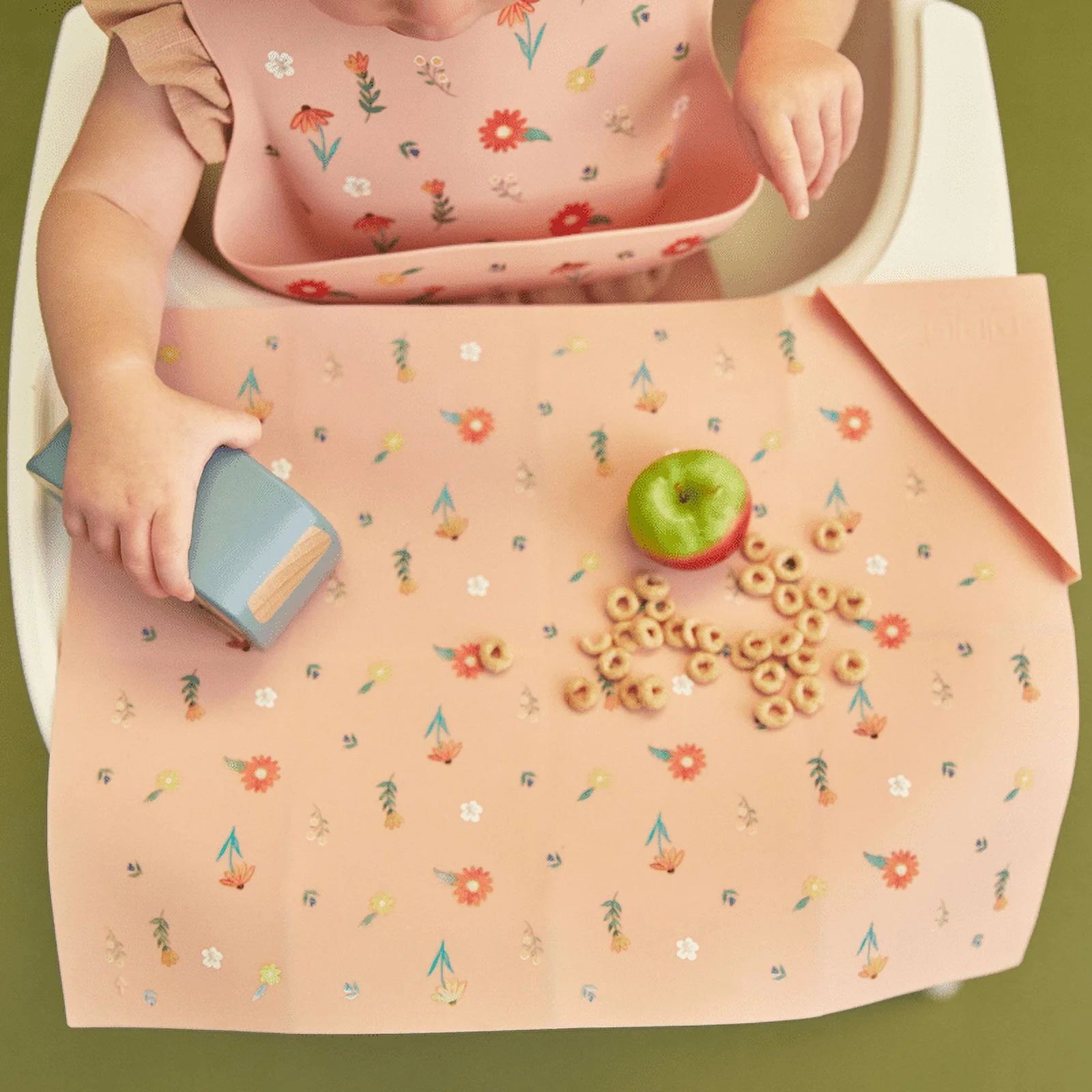 Austin Baby Co Silicone Placemat for Toddler and Kids – Stain Resistant, Portable, Food Grade Silicone, Dishwasher Safe and Folds into Pocket for Easy Storage and Travel (Wildflower Ripe Peach)  |  WTWL755XA