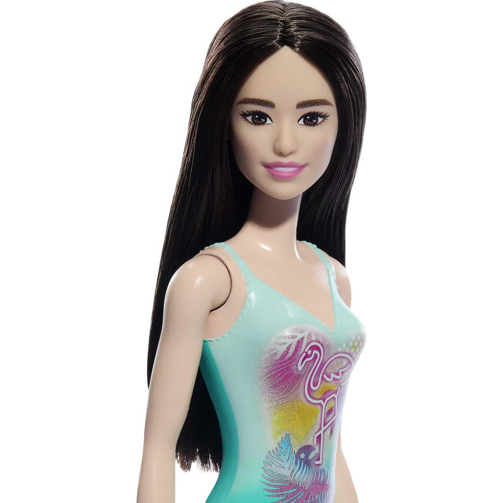 Beach Barbie Doll with Black Hair Wearing Blue One-Piece Swimsuit with Tropical Print | WTWL366XA