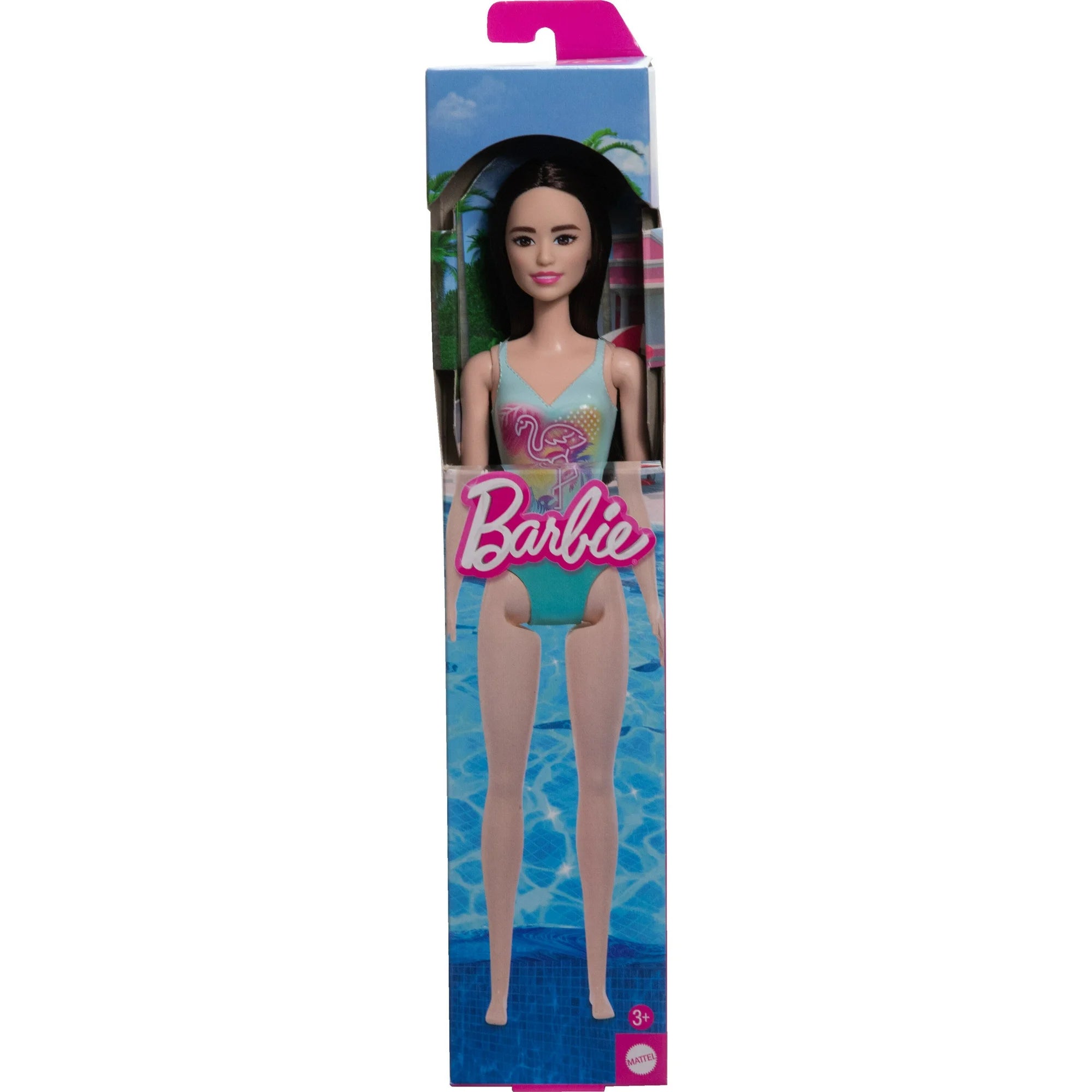 Beach Barbie Doll with Black Hair Wearing Blue One-Piece Swimsuit with Tropical Print | WTWL366XA