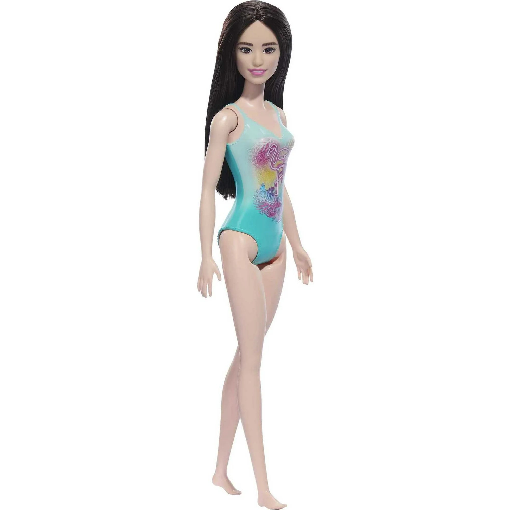 Beach Barbie Doll with Black Hair Wearing Blue One-Piece Swimsuit with Tropical Print | WTWL366XA