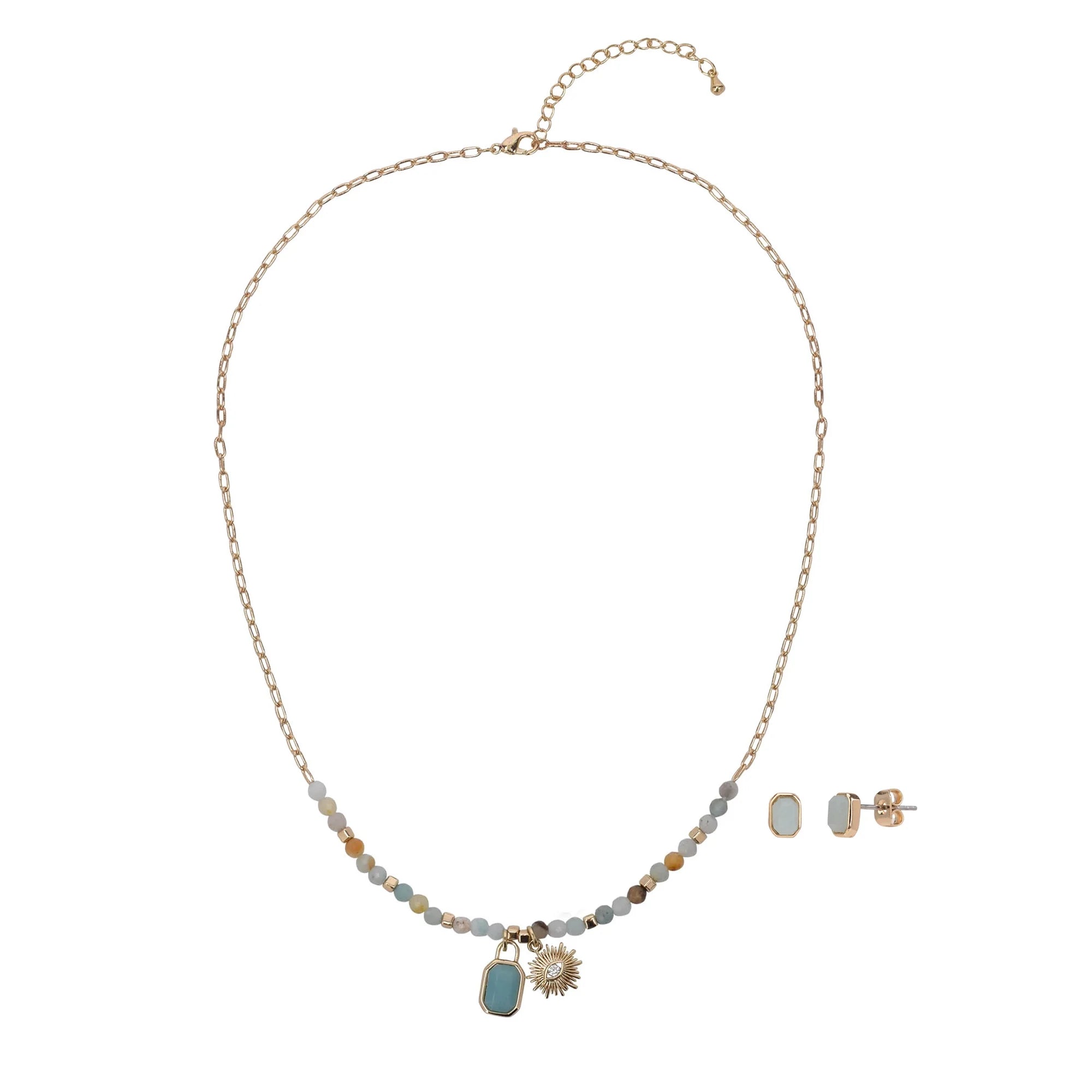 Believe by Brilliance Women's Adult Female 14kt Gold Flash Plated Star Burst CZ and Genuine Stone Necklace and Earring Set | WTWL677XA