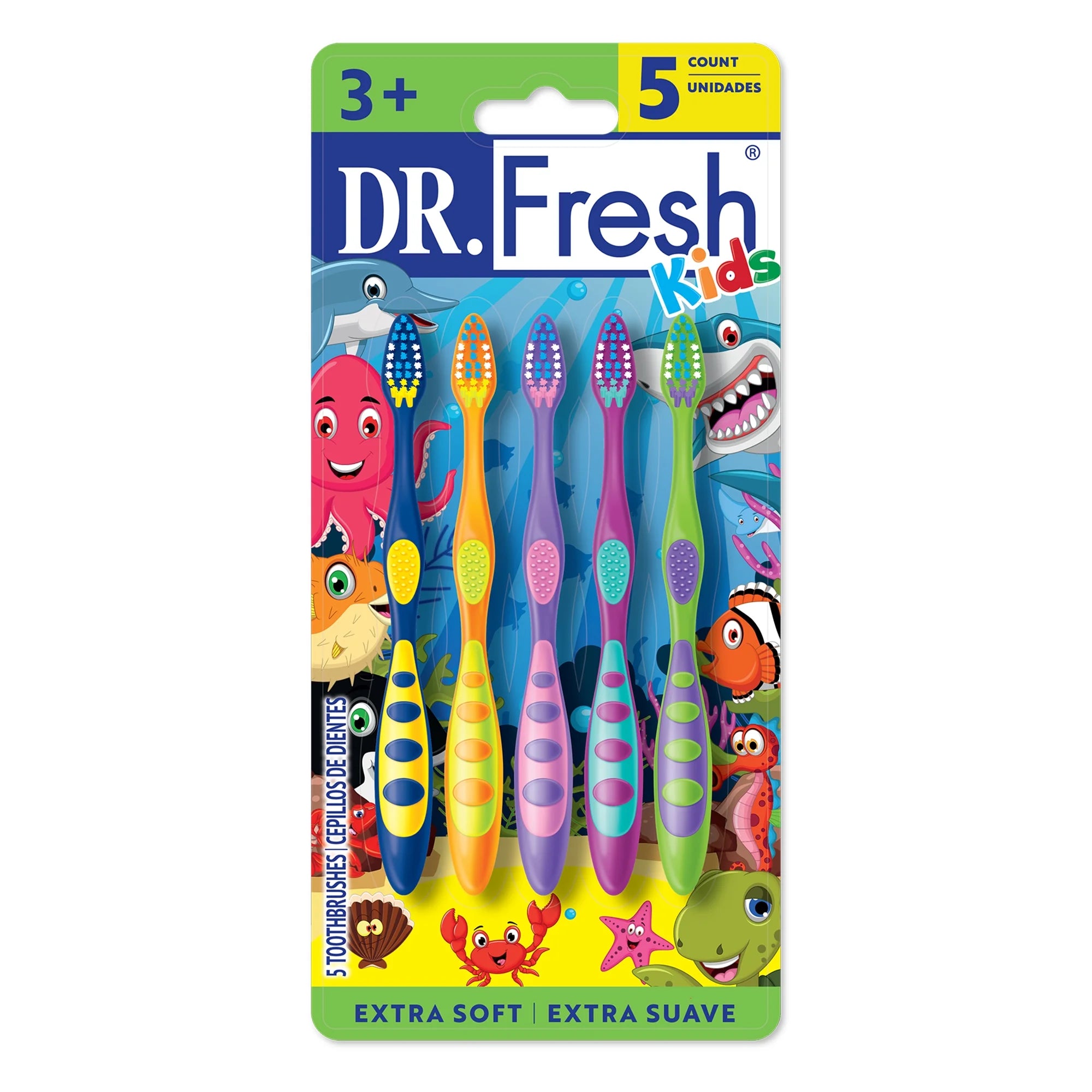 Dr. Fresh Brand Kids Toothbrushes, Ergonomic Non-Slip Handle, Extra Soft Bristles, Tongue Cleaner, 5 Count  | WTWL1117XA