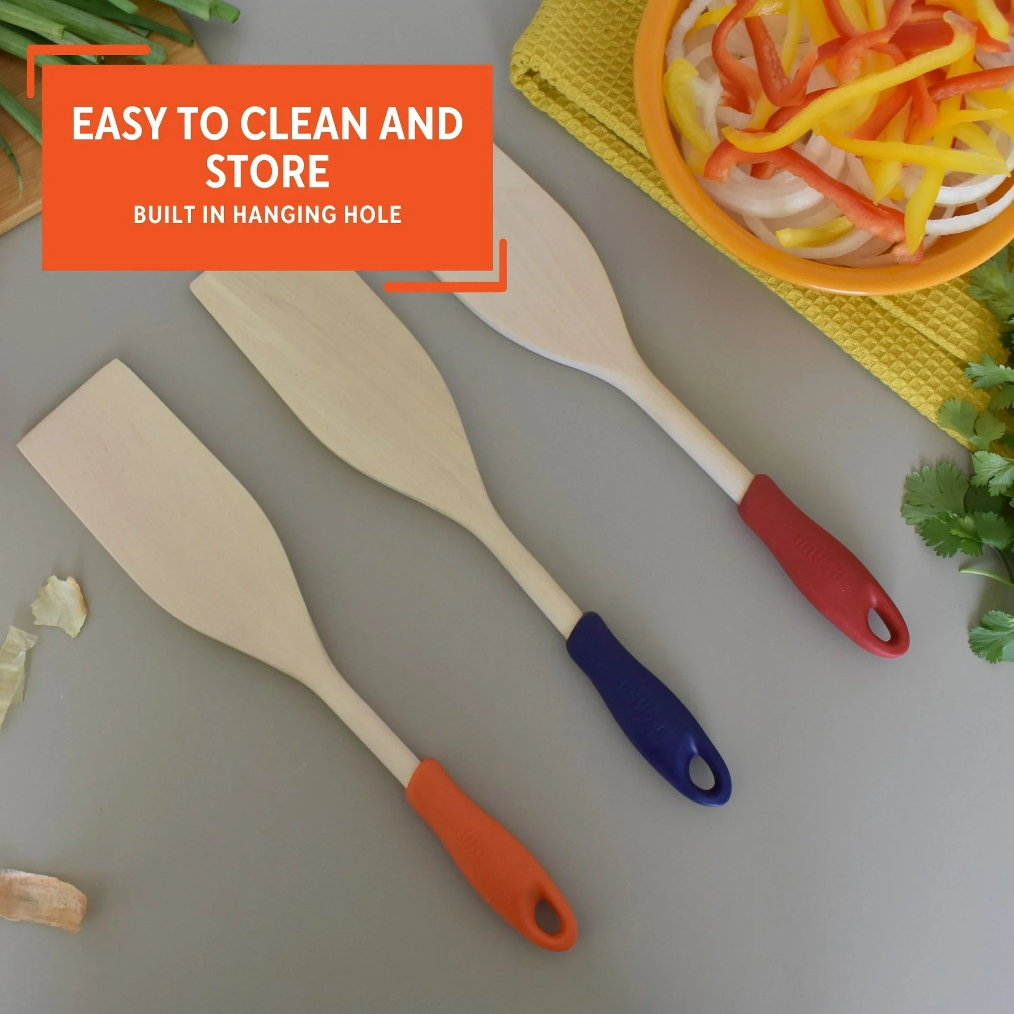 Imusa Wooden Cooking Paddle with Silicone Handle, Blue | WTWL433XB
