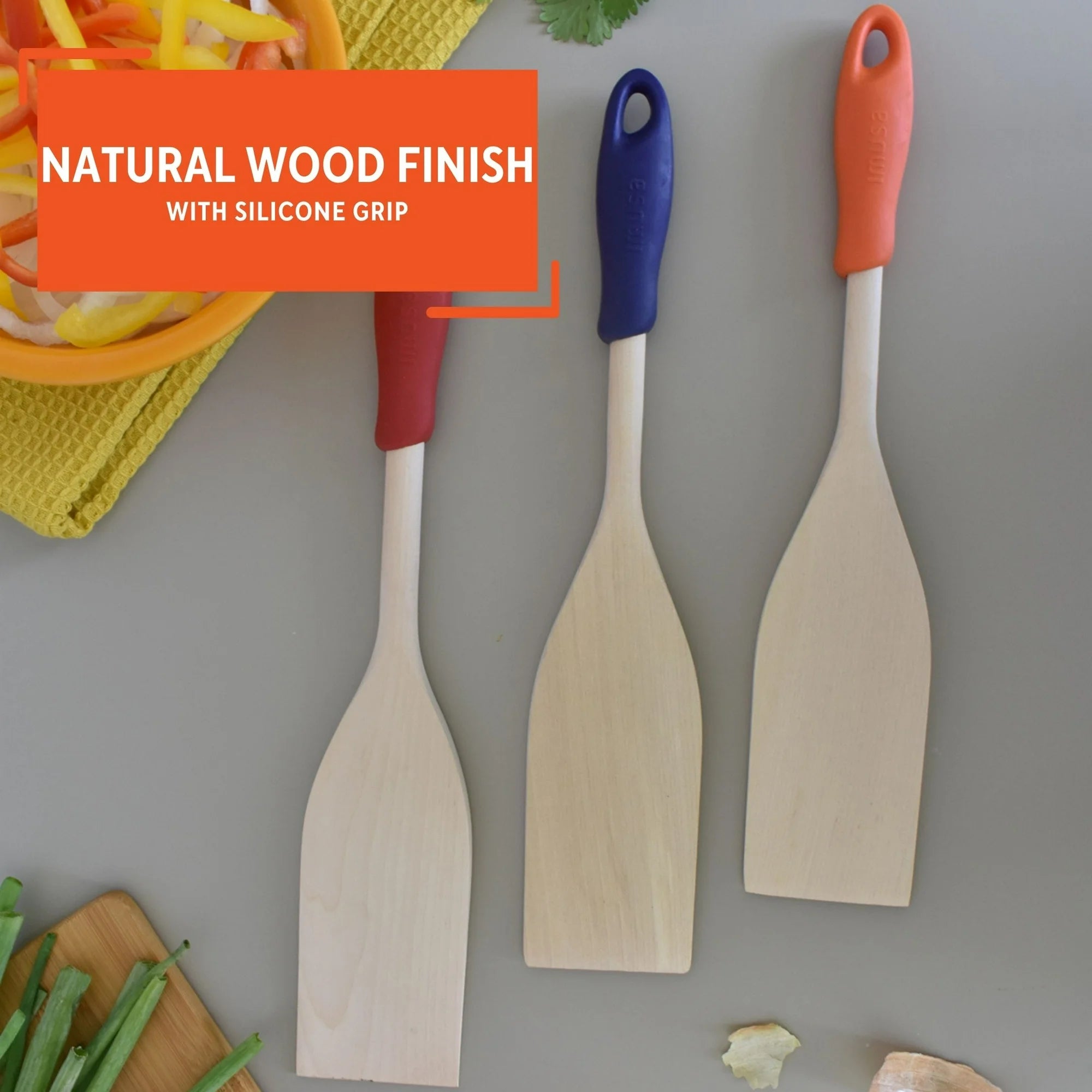 Imusa Wooden Cooking Paddle with Silicone Handle, Blue | WTWL433XB