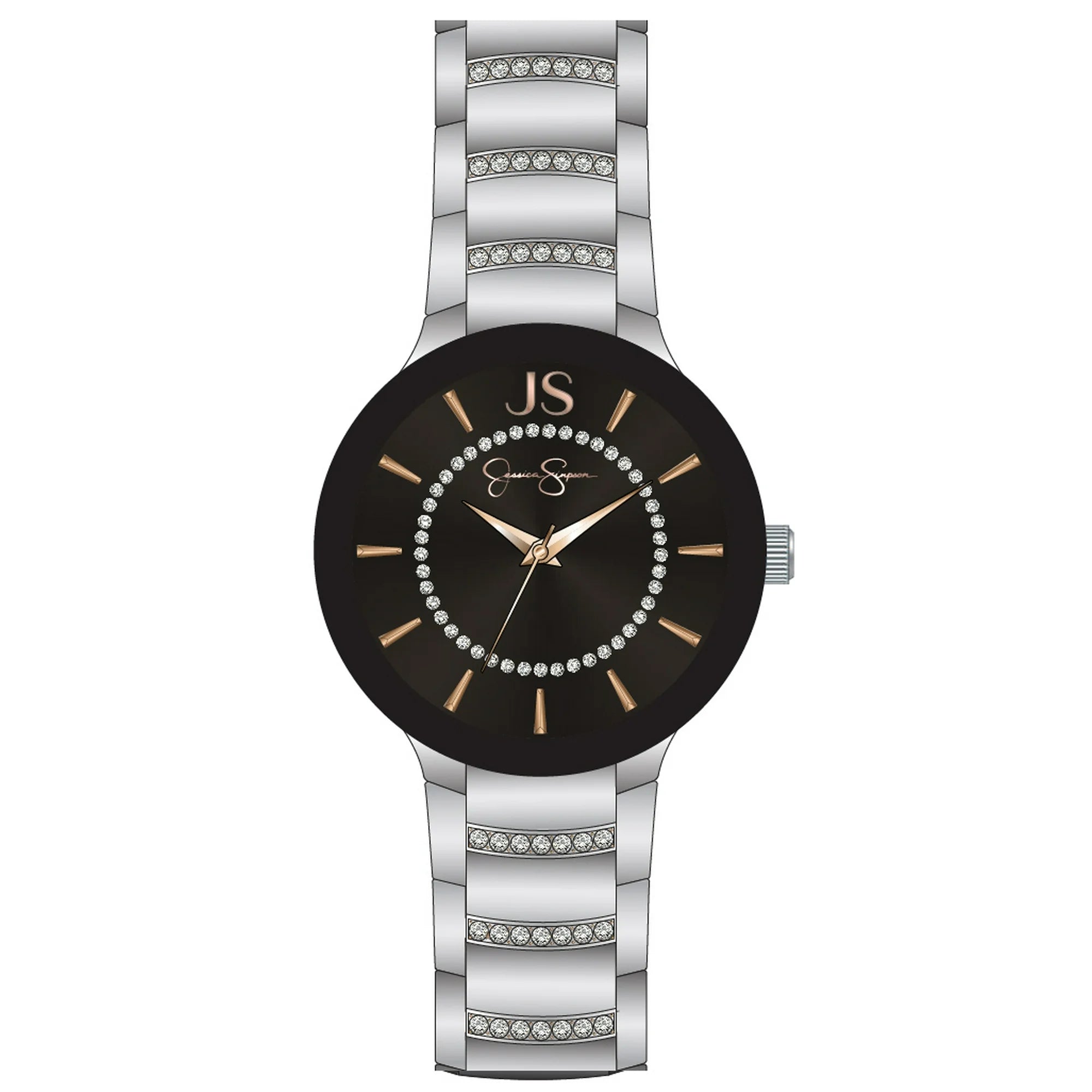 Jessica Simpson 36mm SIlver Tone Mettalized Edge To Edge Glass Bezel Crystal Accent Bracelet Watch | WTWL472XA