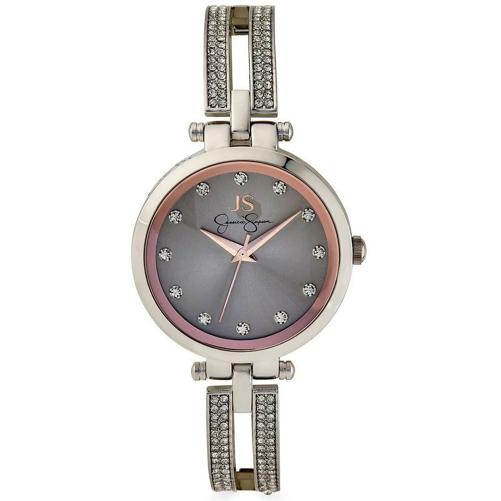 Jessica Simpson Ladies 34mm Silver Tone Crystal Accent Double Arm Bangle Adjustable Watch |  WTWL471XA