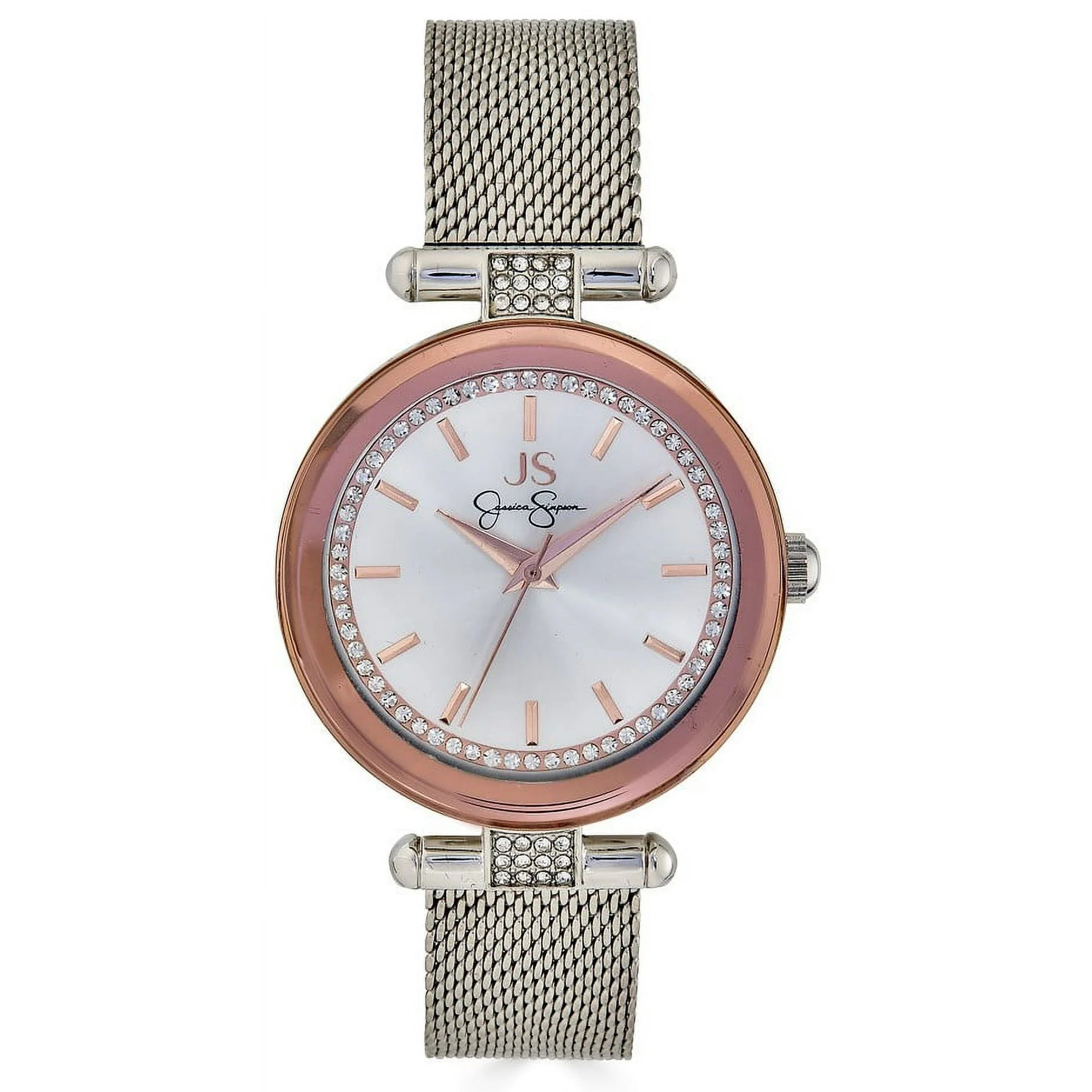 Jessica Simpson Silver & Rose Tone Crystal Accent Mesh Ladies Watch | WTWL798XA