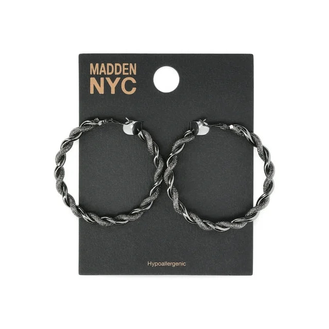 Madden NYC Women's Fashion Black Textured Twist Large Hoop Earrings | WTWL621XA