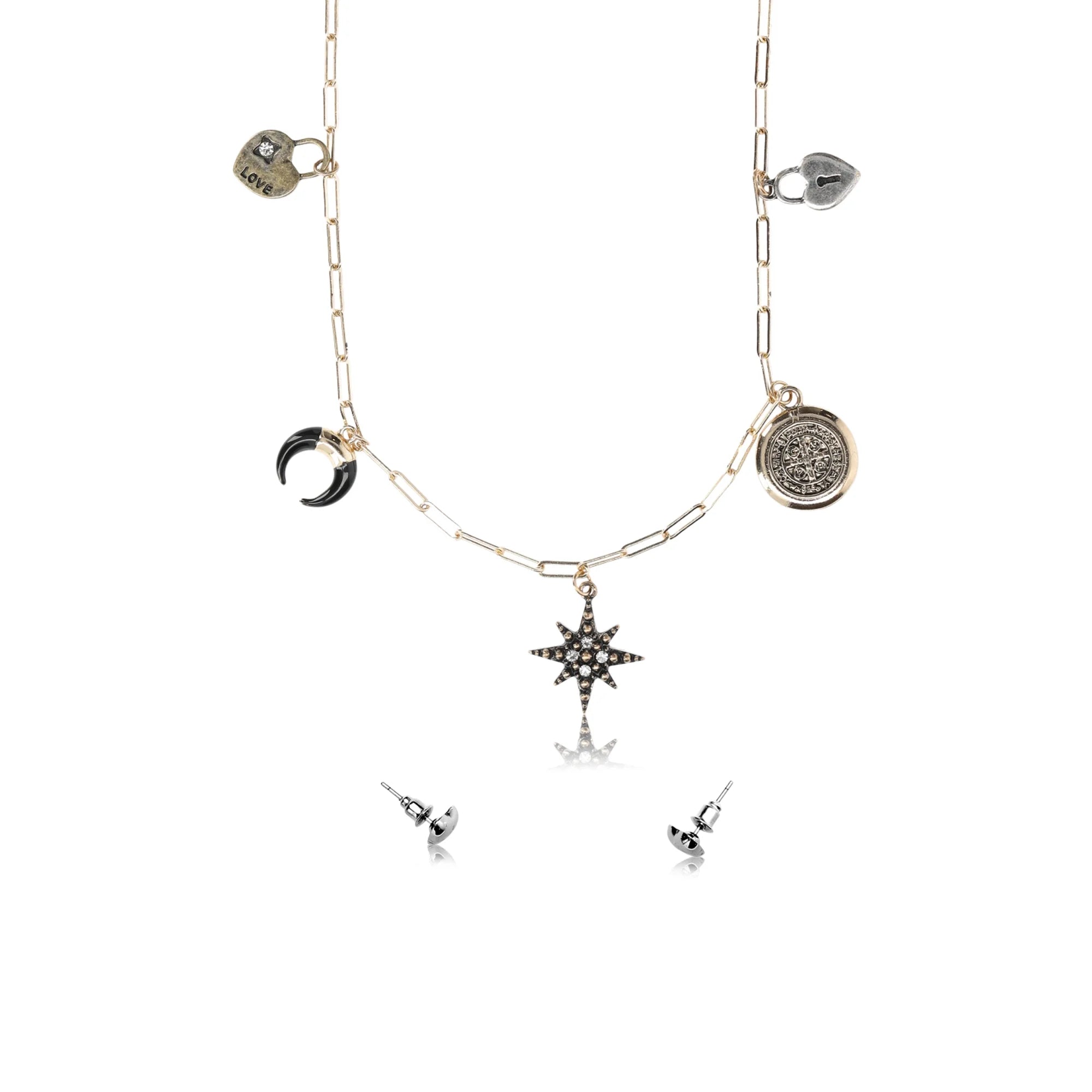 Madden NYC Women's Fashion Two Tone Mixed Charm Necklace and Heart Earrings Jewelry Set | WTWL676XA