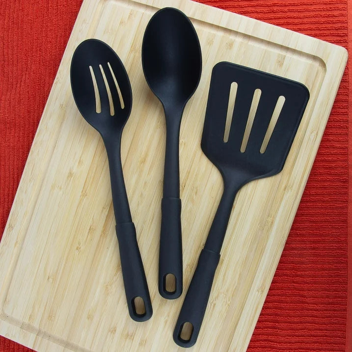 Durable 3-Piece Kitchen Utensil Set, Slotted Spatula, Slotted Spoon and Solid Spoon, Black, Nylon |  WTWL431XA