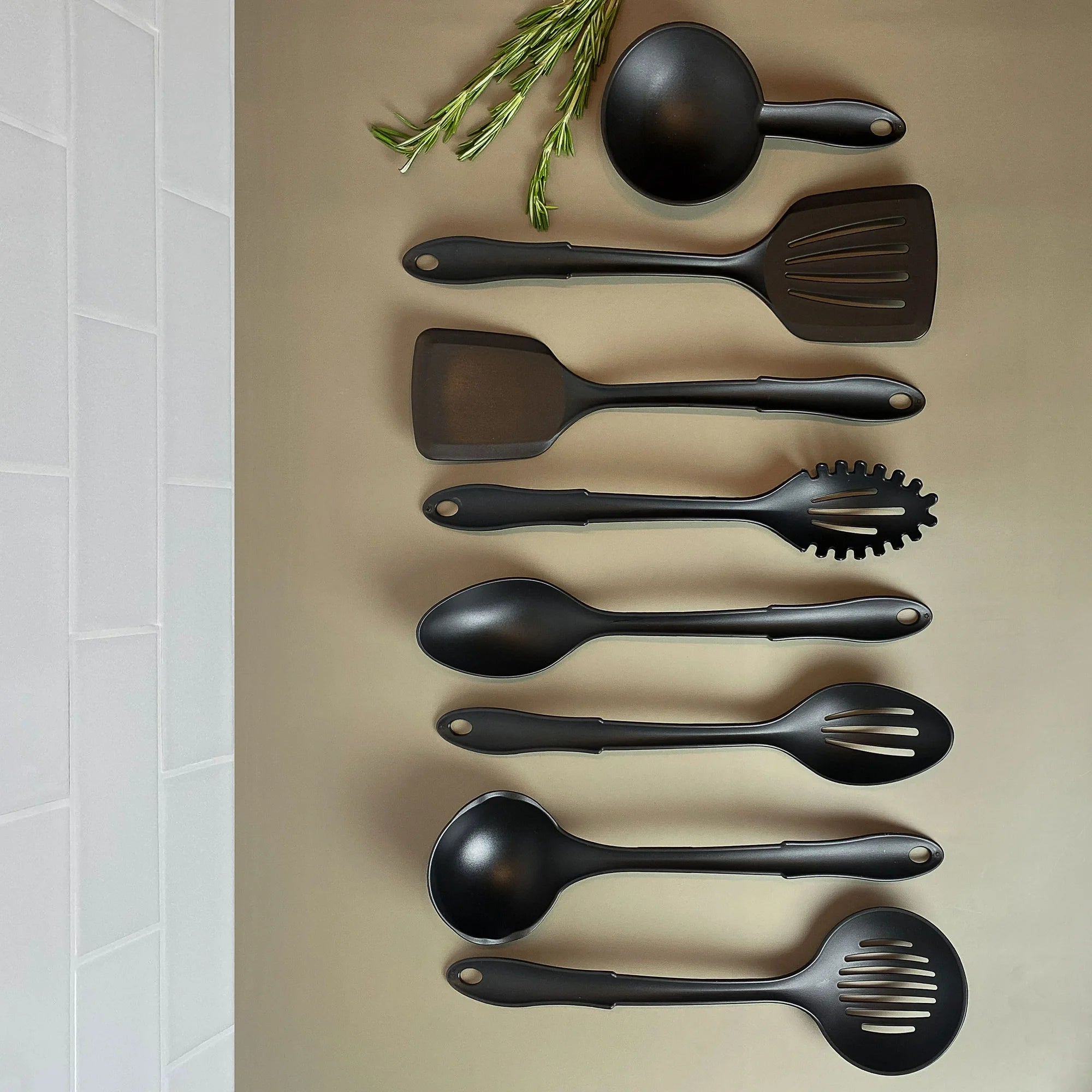Mainstays 8-Piece Nylon Kitchen Utensil Set with Connector Ring, Black Plastic | WTWL89XA