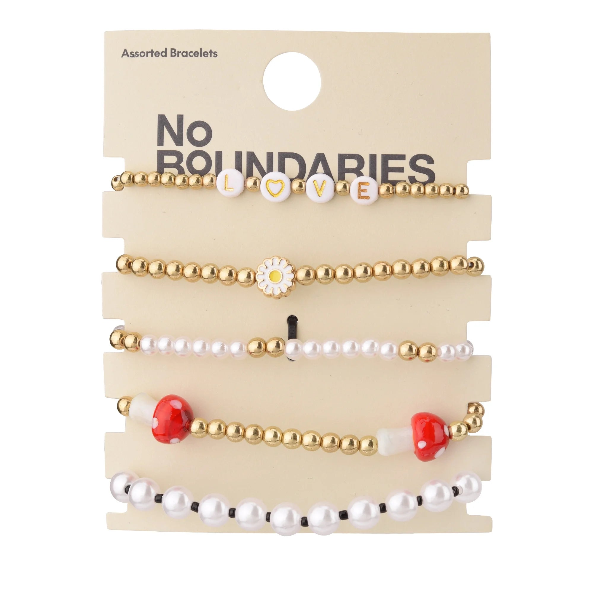 No Boundaries Women's Goldtone Heart, Daisy and Smiley Stretch Bracelet Set, 5 Pack |  WTWL307XA