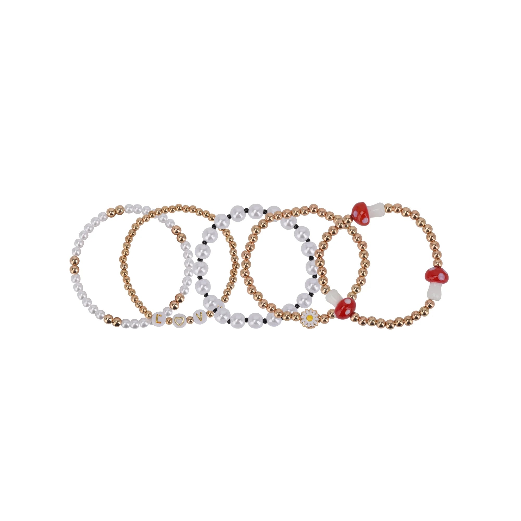 No Boundaries Women's Goldtone Heart, Daisy and Smiley Stretch Bracelet Set, 5 Pack |  WTWL307XA