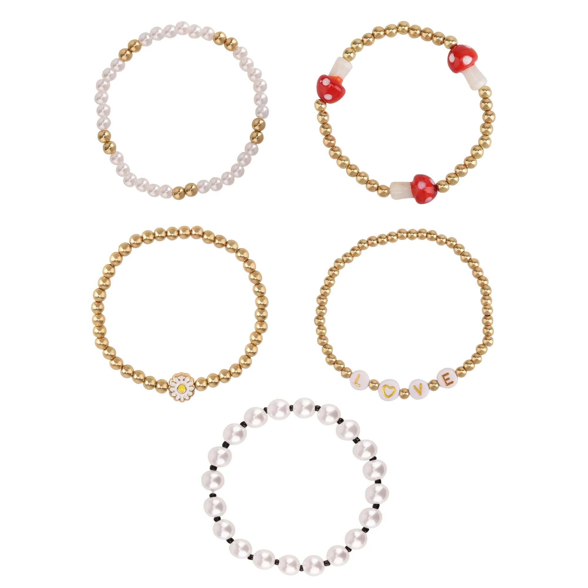 No Boundaries Women's Goldtone Heart, Daisy and Smiley Stretch Bracelet Set, 5 Pack |  WTWL307XA