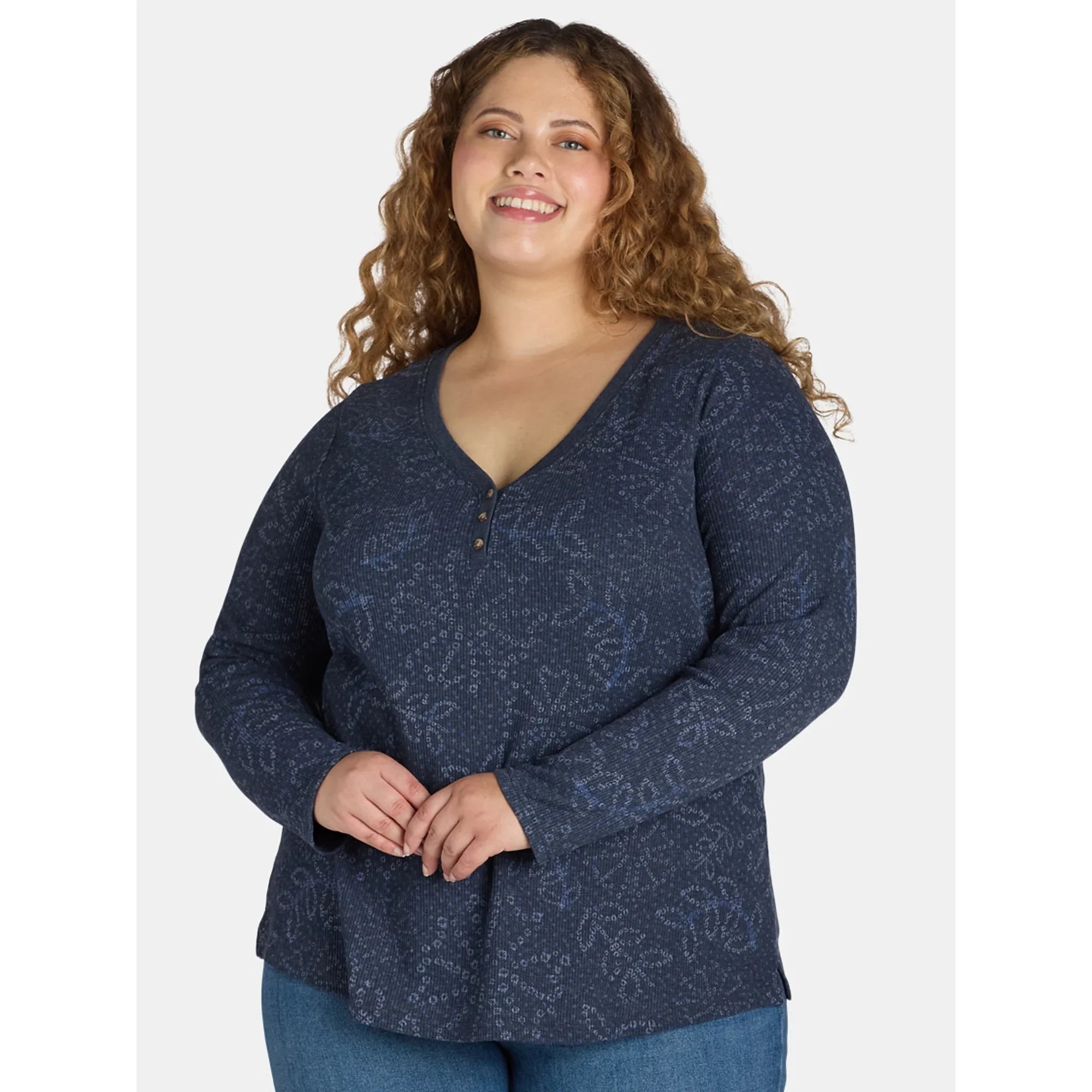 Terra & Sky Women's Plus Waffle Henley Tee, | WTWL197XA