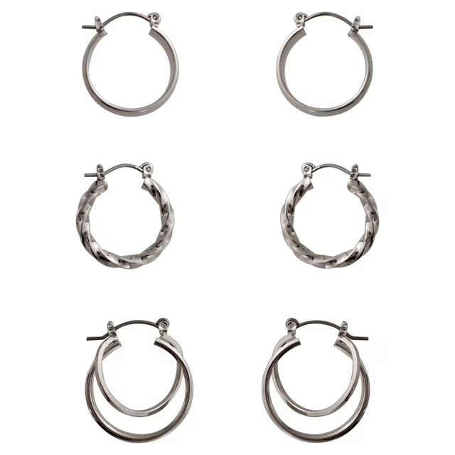 Time And Tru Trio Silver Tone Hoop Earring Set  | WTWL228XA