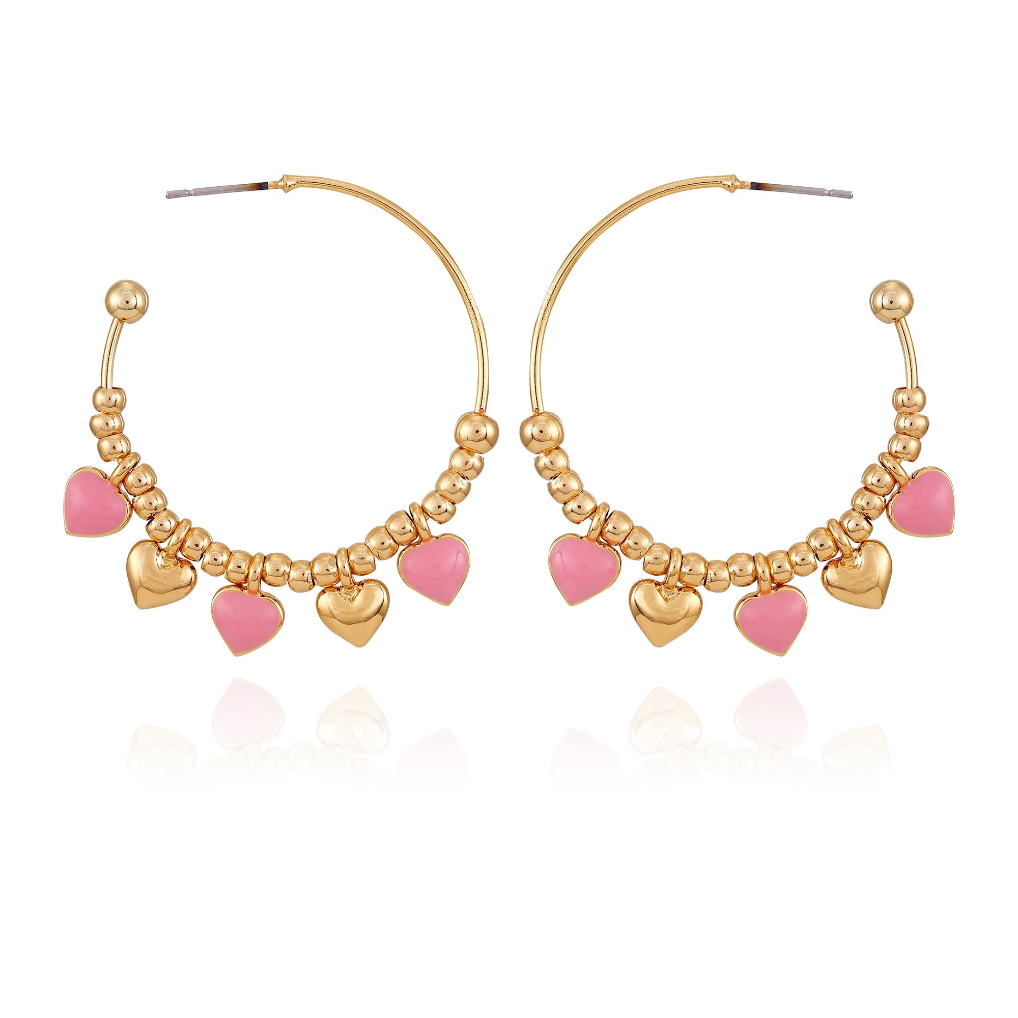 Time and Tru Women's Goldtone Hoops with Polished and Pink Heart Charm Drops  |   WTWL1096XA