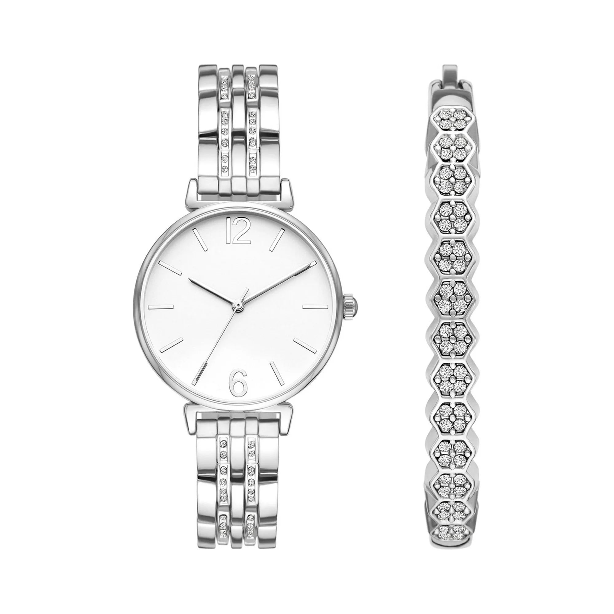 Time & Tru Women's Wristwatch Set: Silver Tone Watch & Bracelet Set |  WTWL671XA