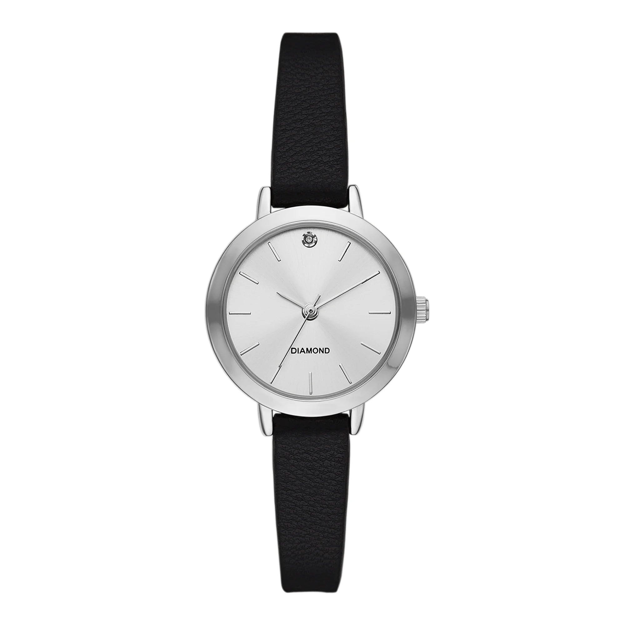 Time & Tru Women's Wristwatch: Silver Case, Genuine Diamond on Silver Sunray Dial, Black Faux Leather Strap |  WTWL667XA