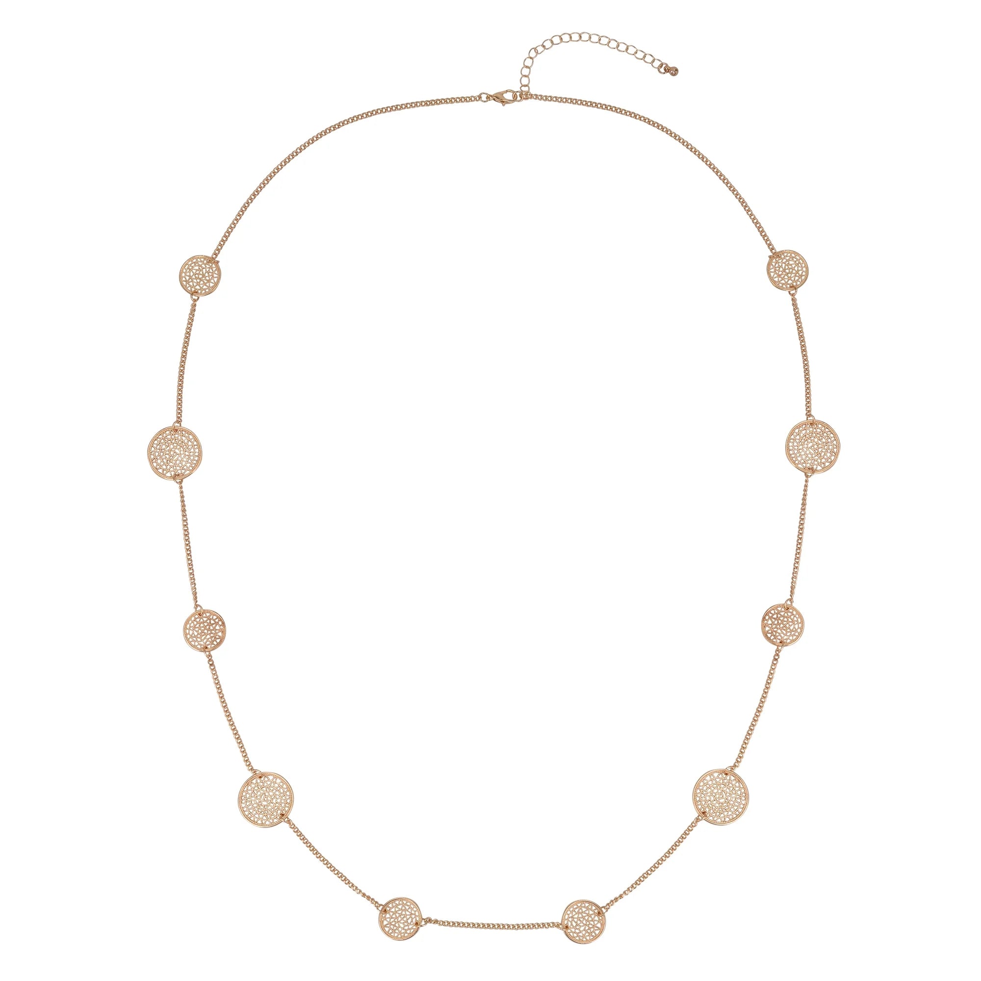 Time and Tru Adult Women's Gold Tone Filigree Disc Long Metal Necklace |   WTWL226XA