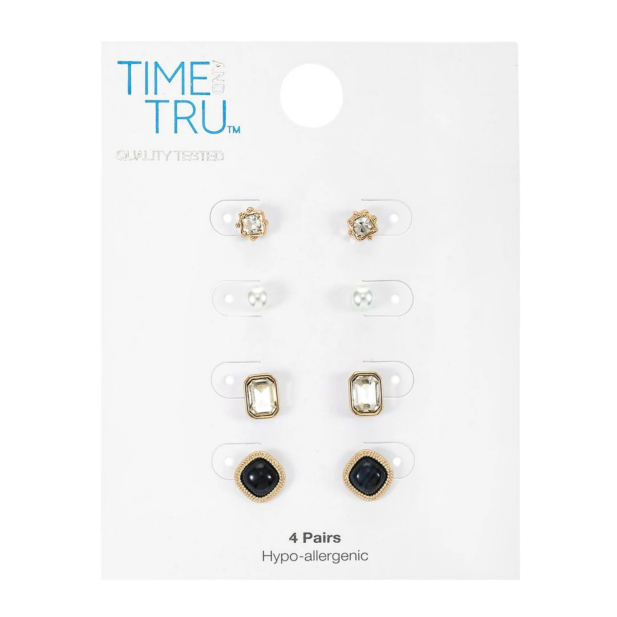 Time and Tru Classic Goldtone Stud Collection, Black, Crystal and Pearl, Female, 4 Pairs of Earrings  |  WTWL281XA