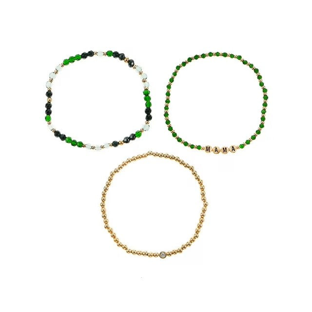 Time and Tru Goldtone Beaded Stretch Bracelets, Mama Mantra, 3 Pieces, Female, Green | WTWL282XA
