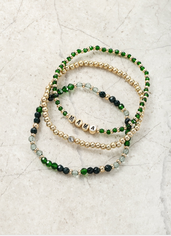 Time and Tru Goldtone Beaded Stretch Bracelets, Mama Mantra, 3 Pieces, Female, Green | WTWL282XA