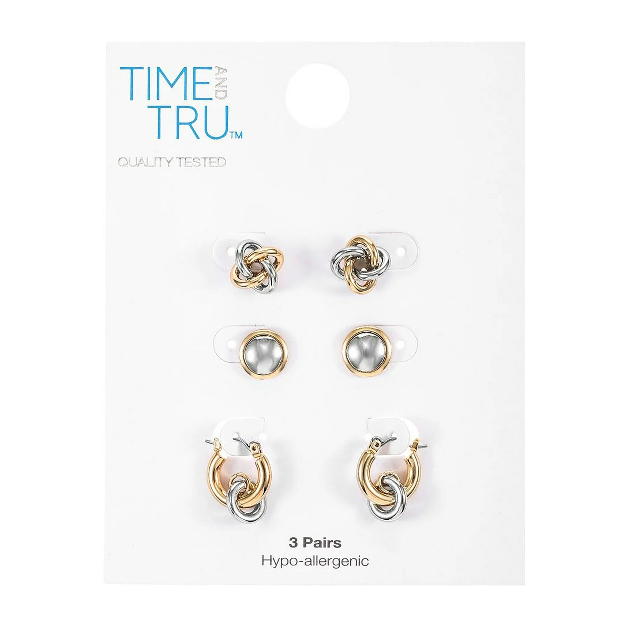 Time and Tru Mixed Metal Earring Collection, Silver and Goldtone Metal, Studs and Hoop, Female, 3 Pairs of Earrings |  WTWL227XA