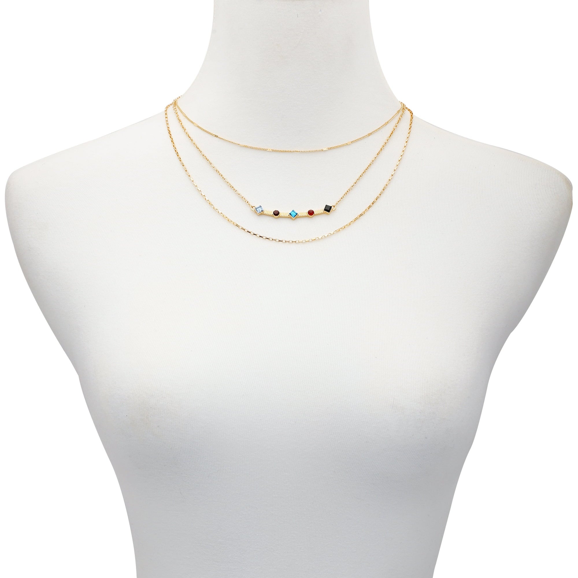 Time and Tru Women's 16" Gold Tone Delicate Layered Necklace with Gemstone Bar Station  | WTWL329XA