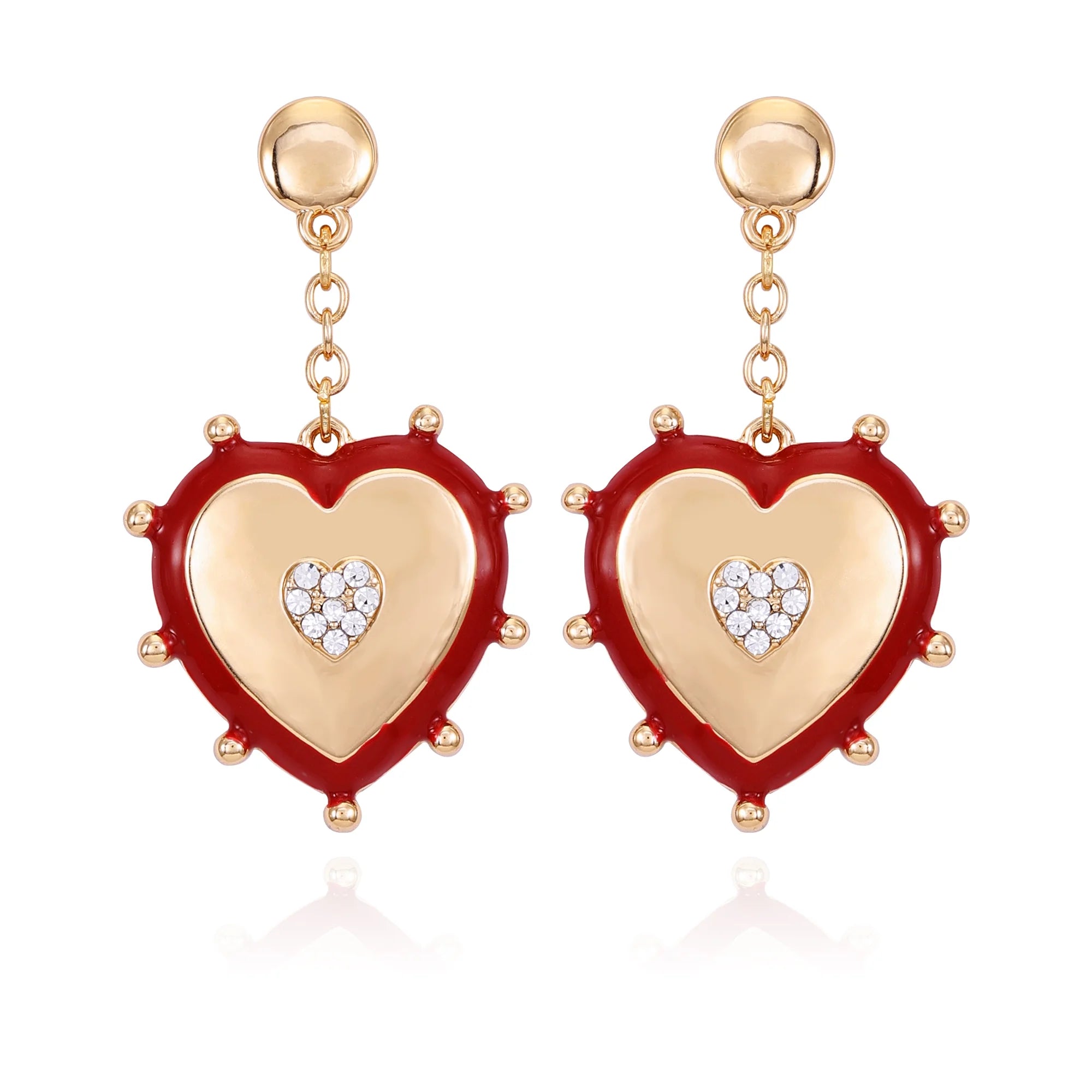 Time and Tru Women's Gold Tone Red Edge Heart Drop Earring and Crystal Stone Heart Center |  WTWL252XA