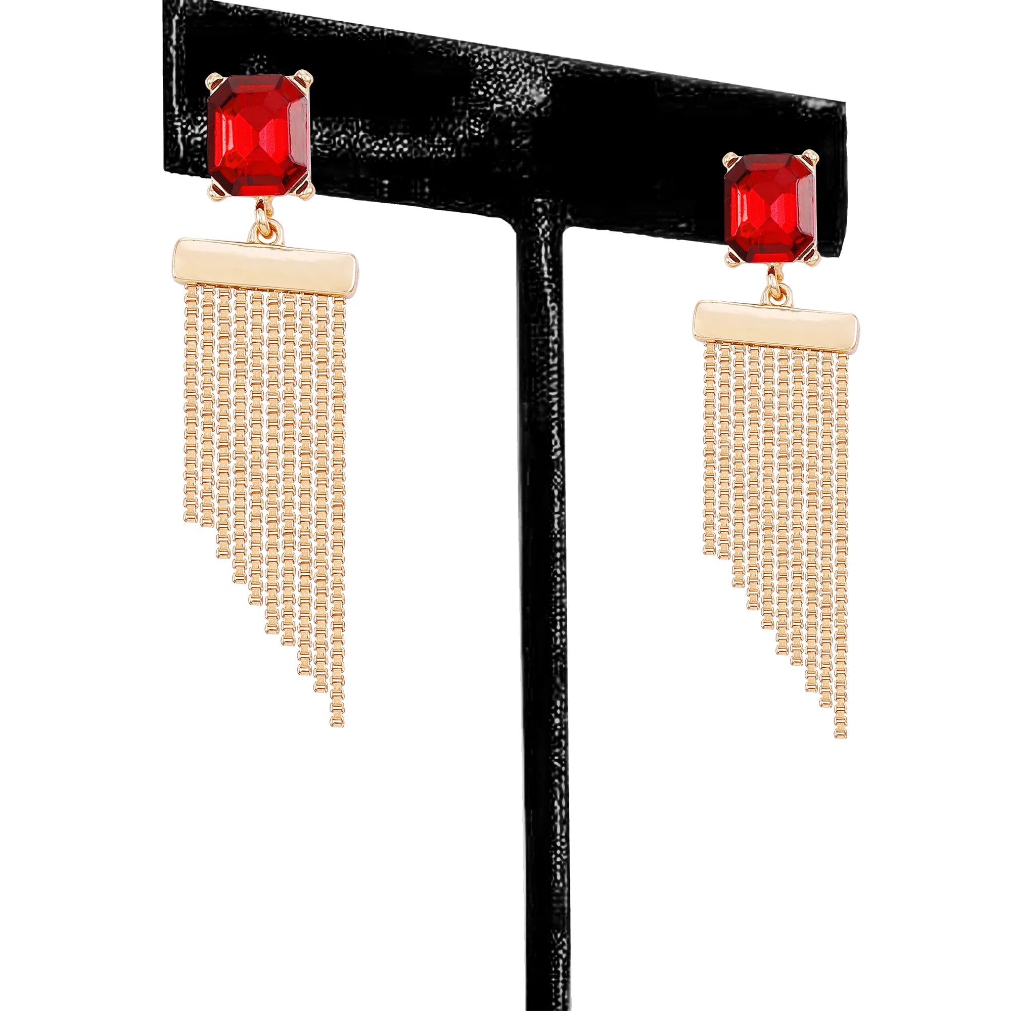 Time and Tru Women's Gold Tone Statement Earring with Garnet Rectangle Stone Post and Fringe Drop |  WTWL257XA