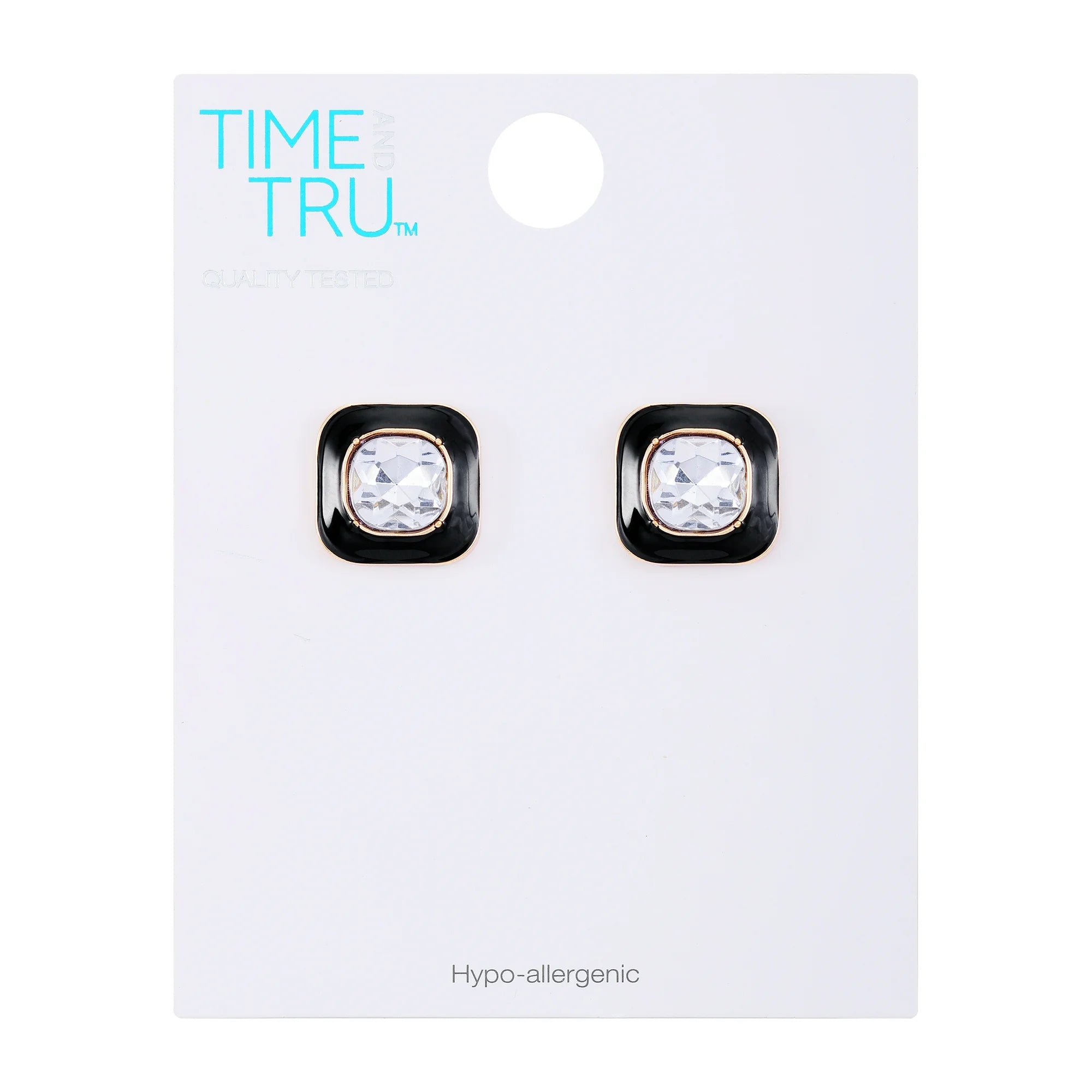 Time and Tru Women's Gold Tone and Jet Rounded Square Button Earring with Crystal Center Stone  |  WTWL623XA