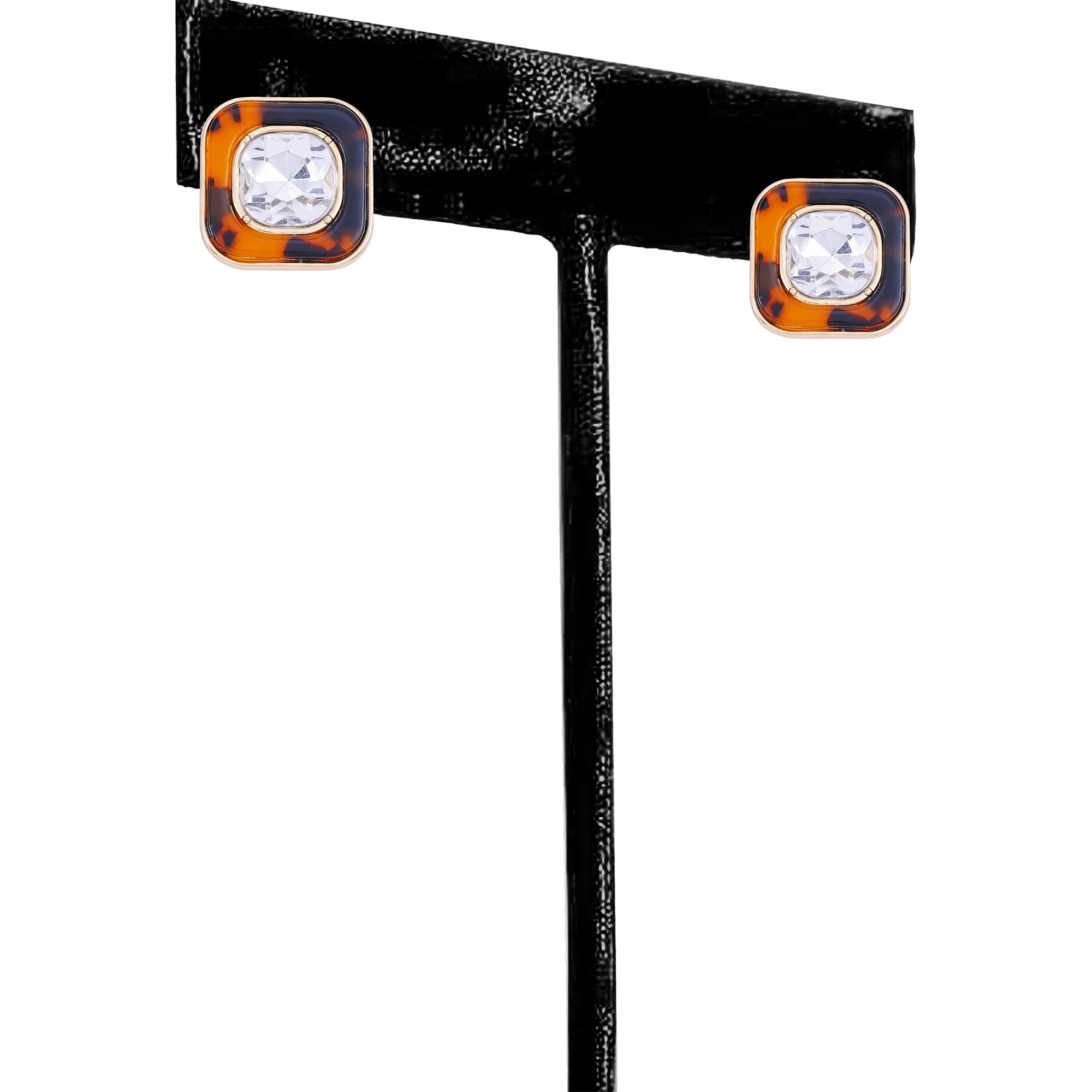 Time and Tru Women's Gold Tone and Tortoise Rounded Square Button Earring with Large Crystal Center Stone | WTWL341XA