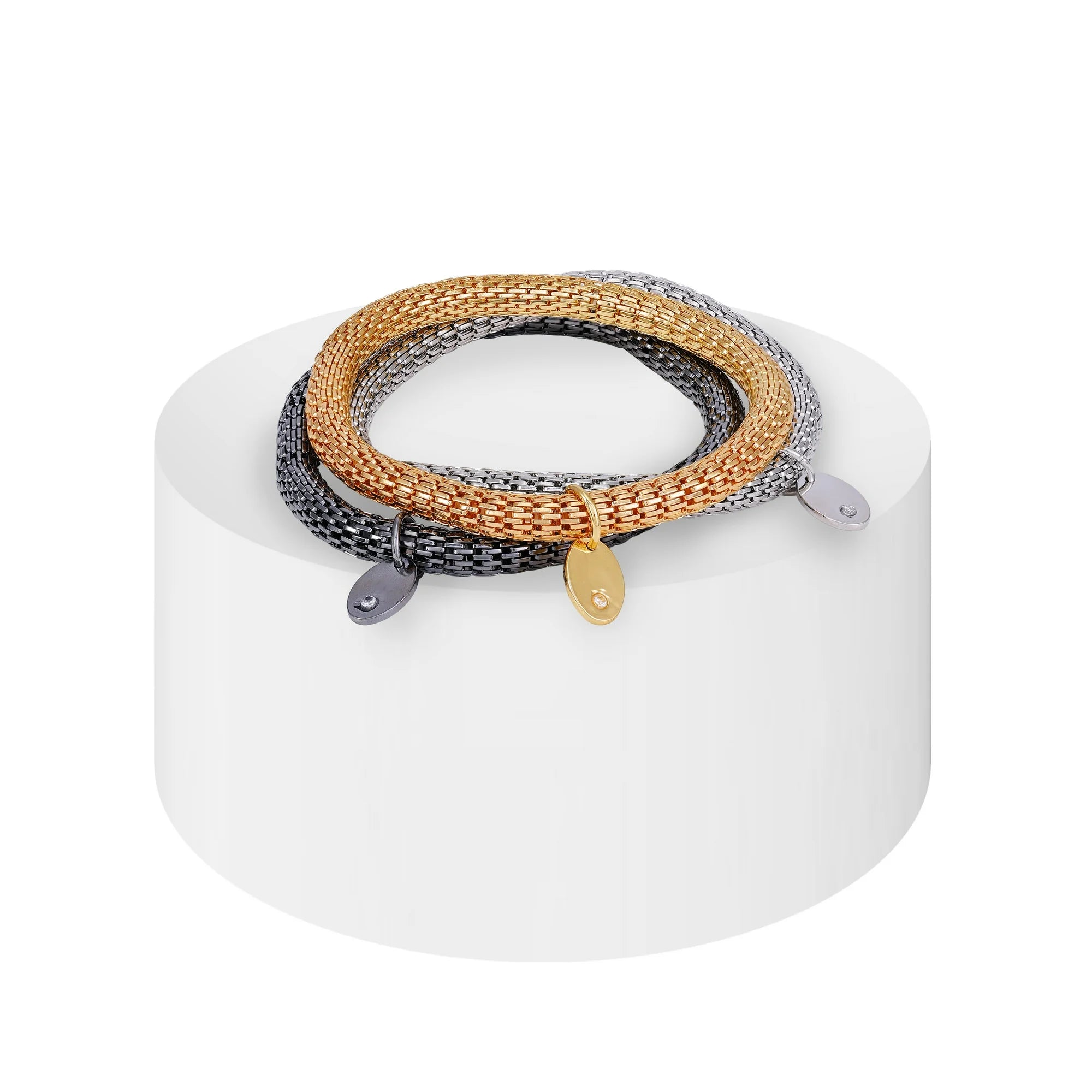 Time and Tru Women's Tri-Tone Mesh Chain 7.5" Stretch Bracelet Set. Hematite, Gold Tone, Silver Tone Bracelets. | WTWL286XA