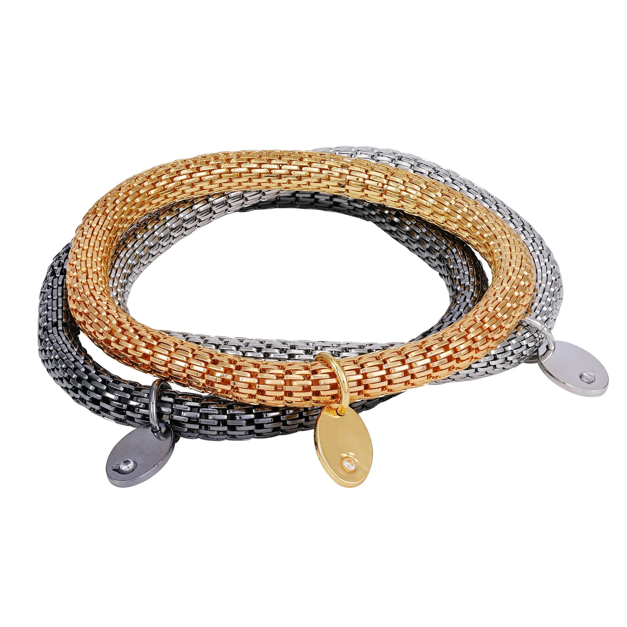 Time and Tru Women's Tri-Tone Mesh Chain 7.5" Stretch Bracelet Set. Hematite, Gold Tone, Silver Tone Bracelets. | WTWL286XA