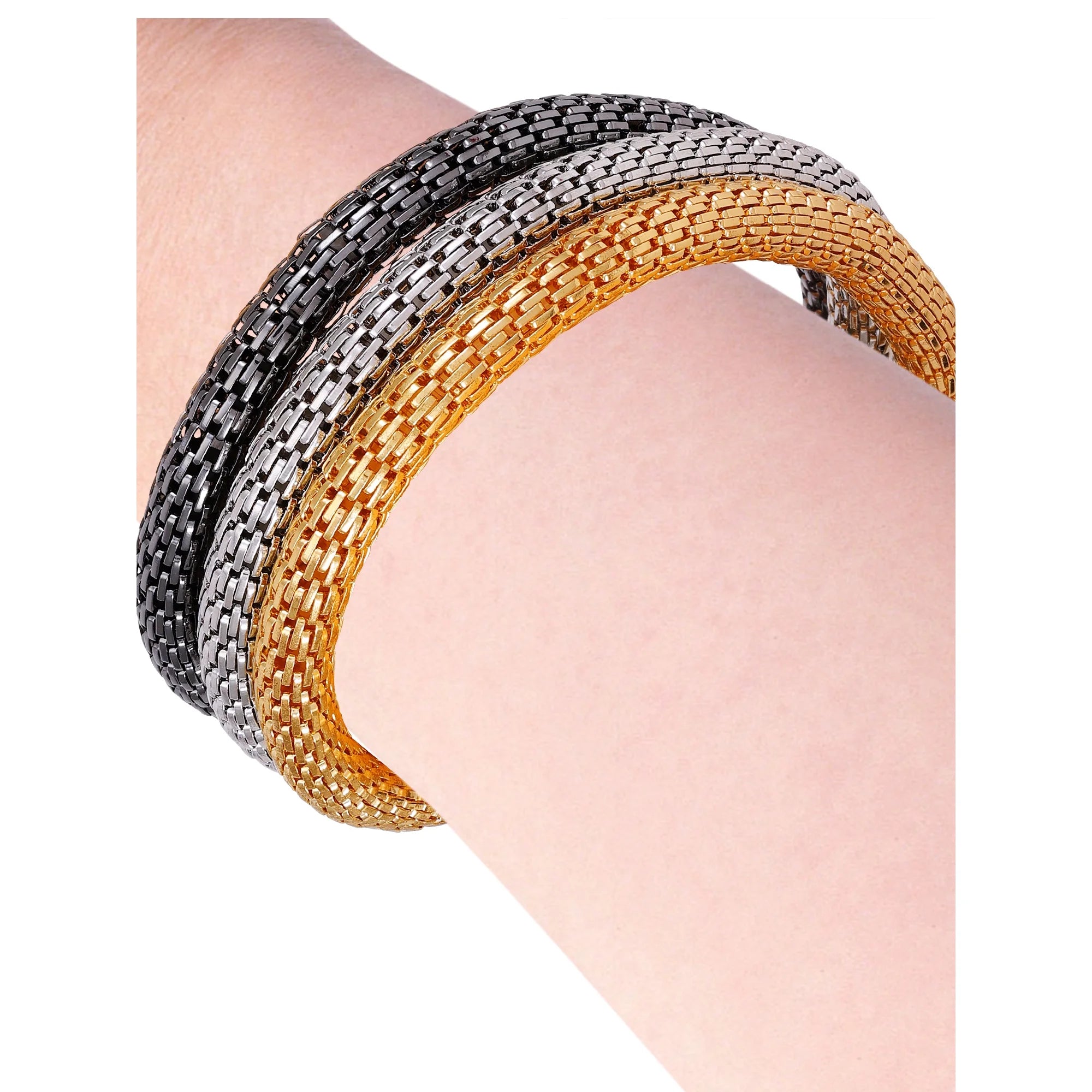 Time and Tru Women's Tri-Tone Mesh Chain 7.5" Stretch Bracelet Set. Hematite, Gold Tone, Silver Tone Bracelets. | WTWL286XA
