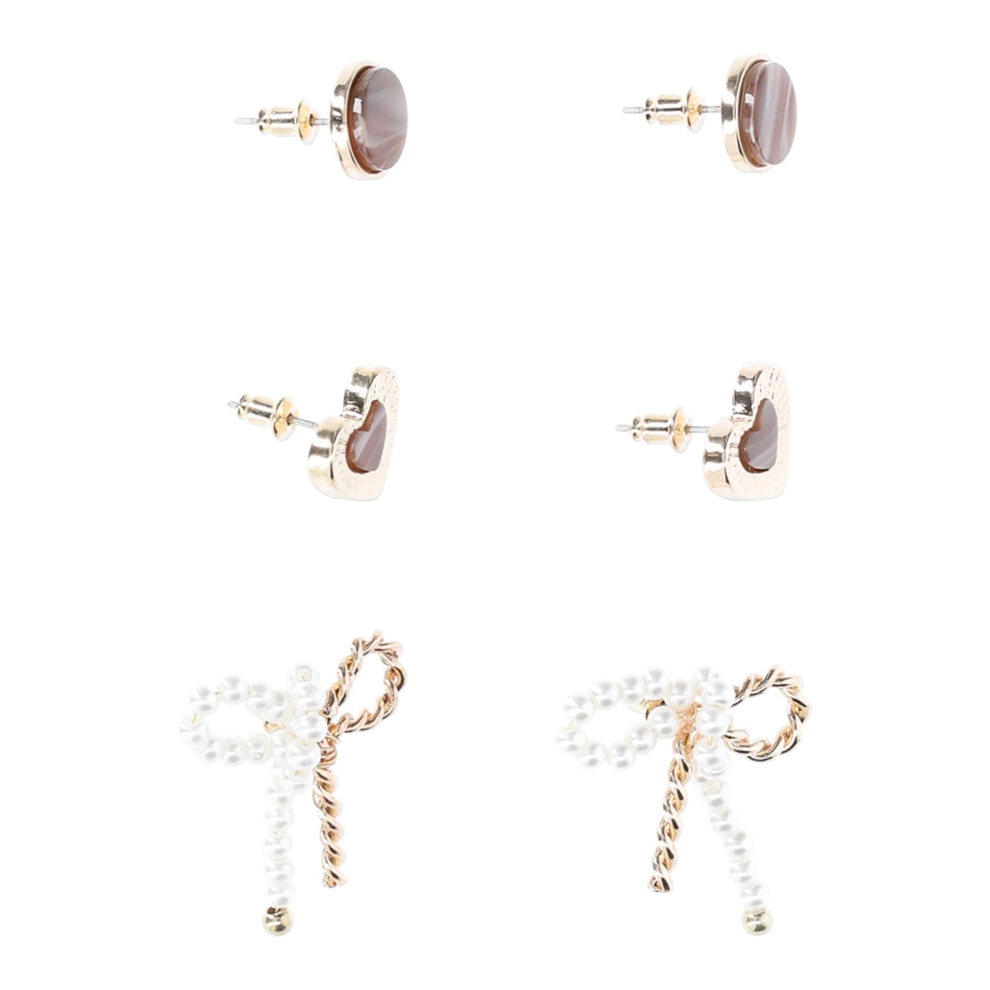Time and Tru Women's Trio Heart and Bow Earring Set, 3 Pair, Brown Stone Circle Stud, Heart textured Stud, Pearl and Gold Metal Bow Stud |  WTWL274XA