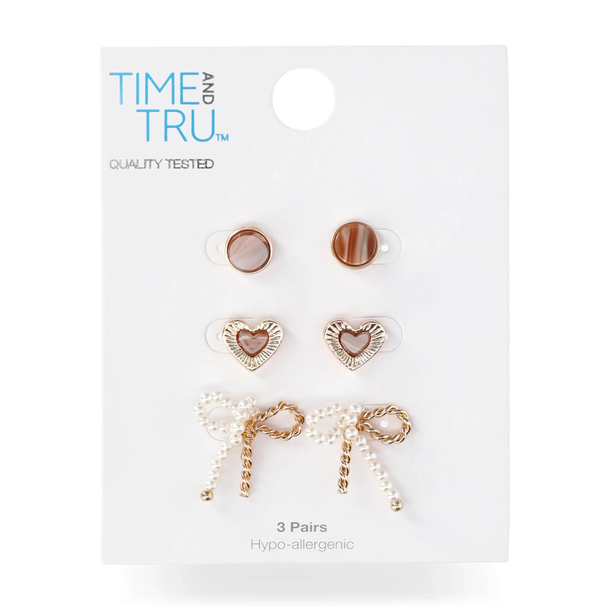 Time and Tru Women's Trio Heart and Bow Earring Set, 3 Pair, Brown Stone Circle Stud, Heart textured Stud, Pearl and Gold Metal Bow Stud |  WTWL274XA